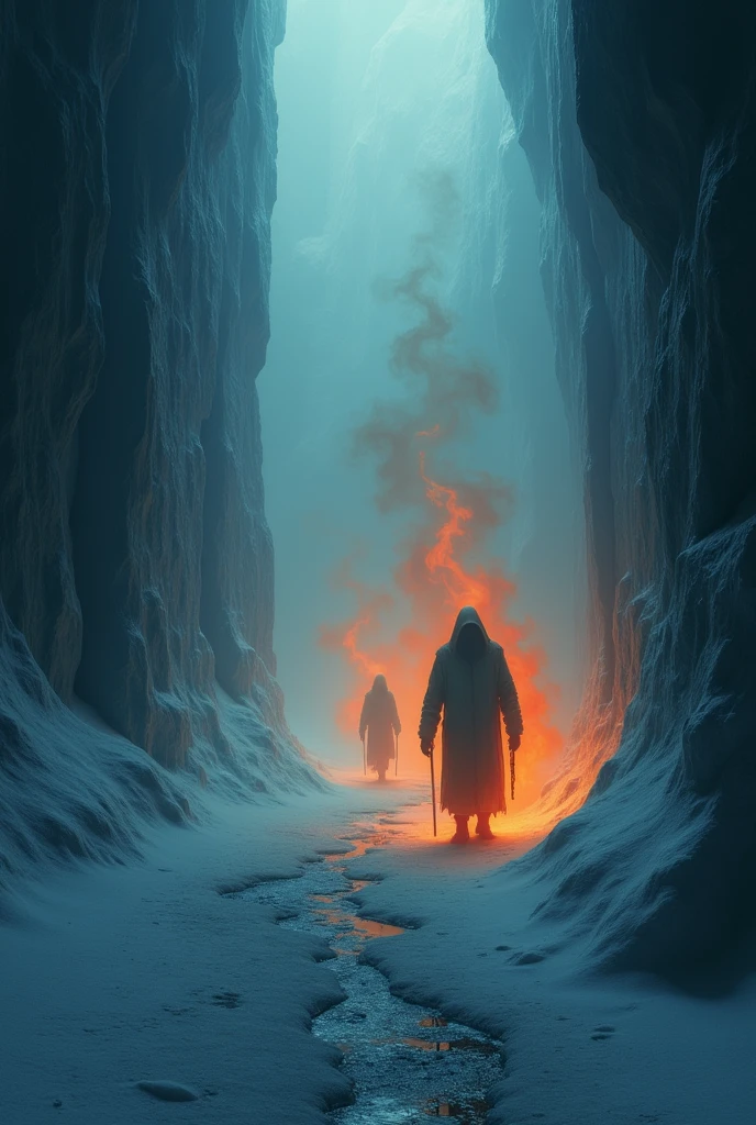 silhouettes of mysterious beings walls in dark blue tones orange smoke looking like a ghost from the past haunting the icy landscape