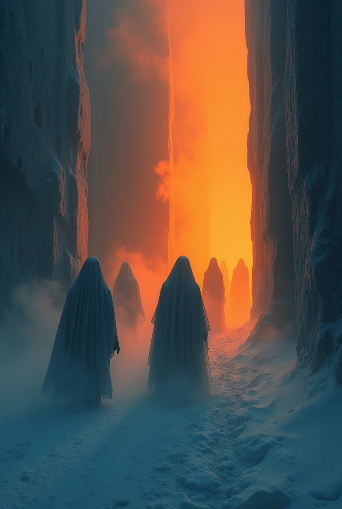 silhouettes of mysterious beings walls in dark blue tones orange smoke looking like a ghost from the past haunting the icy landscape