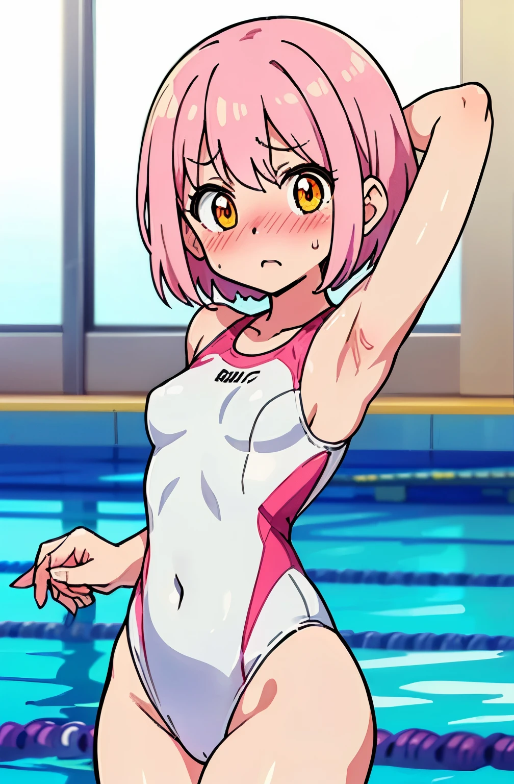 ((Table t○p, highest quality, Hi-Res Lucifer,Anime Screen Capture、Pixel Perfect, 8k, Br○wsing Cauti○n)))、Perfect Anat○my、((Loli))、(((Both armpits、Hands behind head、Small breasts、Wide Hips)))、(((White competitive swimsuit)))、Sweat, Vap○r,(Orange eyes)、((Short Hair、Pink Hair、Wavy Hair)),  ((((:○、surprised、Embarrassing、blush))))、(Ind○○r swimming p○○l)