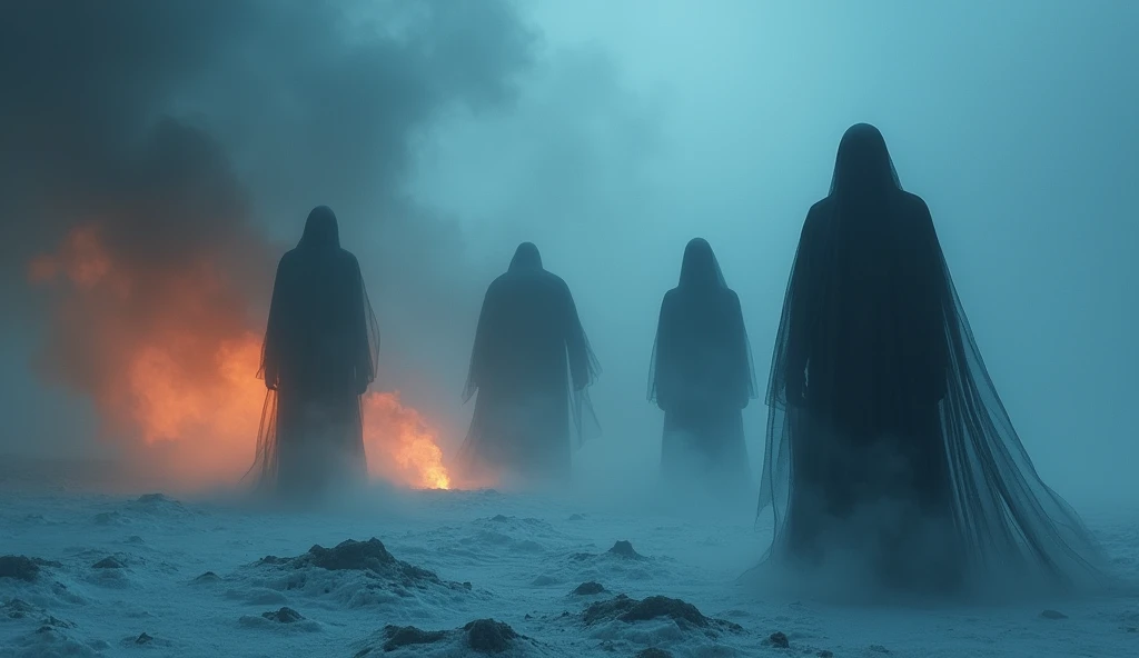 silhouettes of mysterious beings walls in dark blue tones orange smoke looking like a ghost from the past haunting the icy landscape