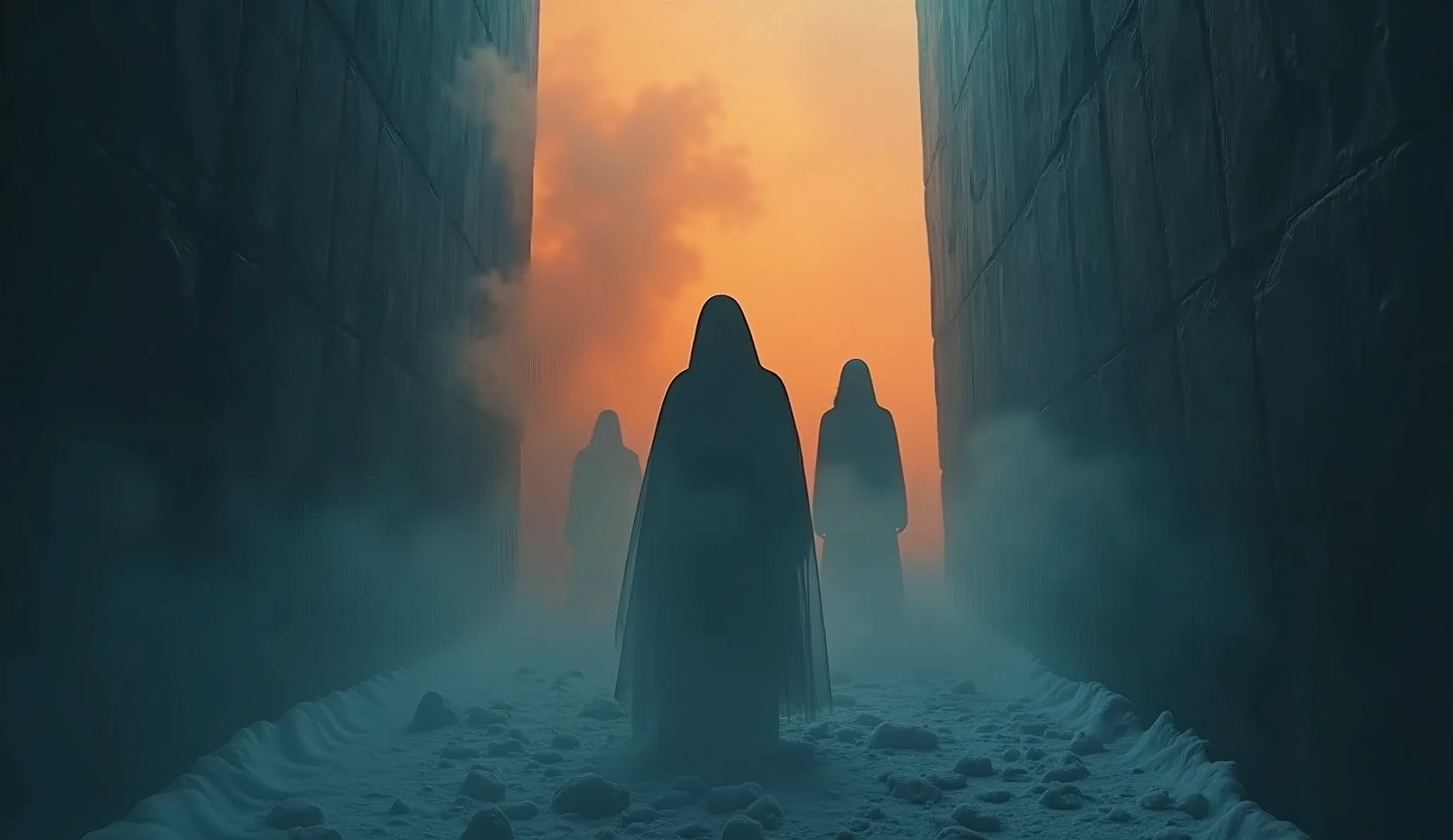 silhouettes of mysterious beings walls in dark blue tones orange smoke looking like a ghost from the past haunting the icy landscape