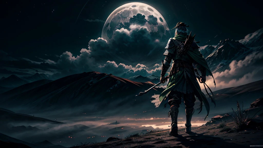 In green color islamic warrior backside in full moon night 8k quality
"A highly detailed illustration of an Islamic warrior walking firmly into the distance, facing away from the audience under a full moon night. The warrior is adorned in traditional Islamic attire, including a cloak on his head and a long chadar flowing behind him. The scene is set in a vast desert under the dark sky, with rolling white clouds and thick smoke drifting into the air. Eagles soar above as the moonlight casts noticeable shadows and light effects. The image has a vivid color scheme with a focus on dark, deep tones, enhanced by light particle effects. The overall style is akin to an ink painting with clear layers, depth of field, and ray tracing, emphasizing the nocturnal atmosphere. This 8k quality image is suitable for a wallpaper, capturing the mysterious journey through a moonlit landscape."