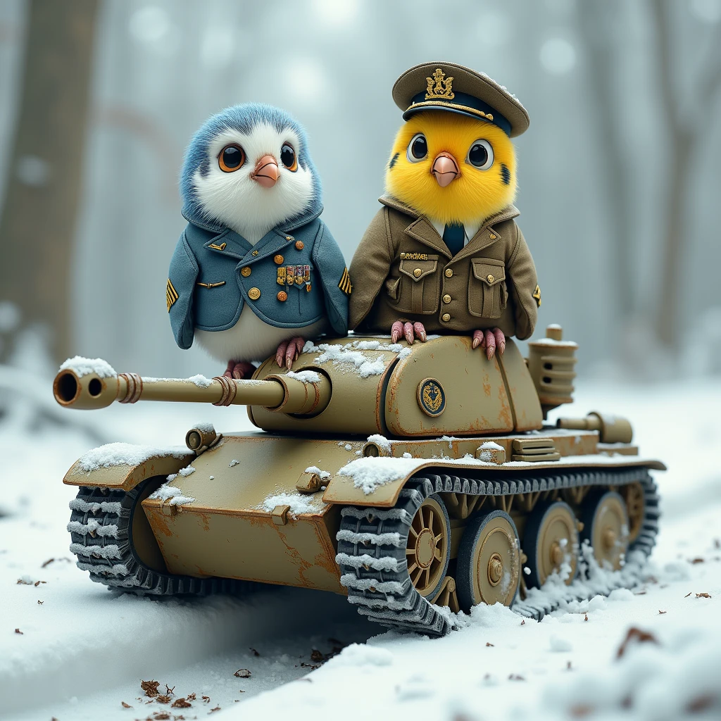A snow bunting in a Japanese kimono riding a caterpillar tank, and a budgerigar in a military uniform with blue feathers, a white head, and round eyes.