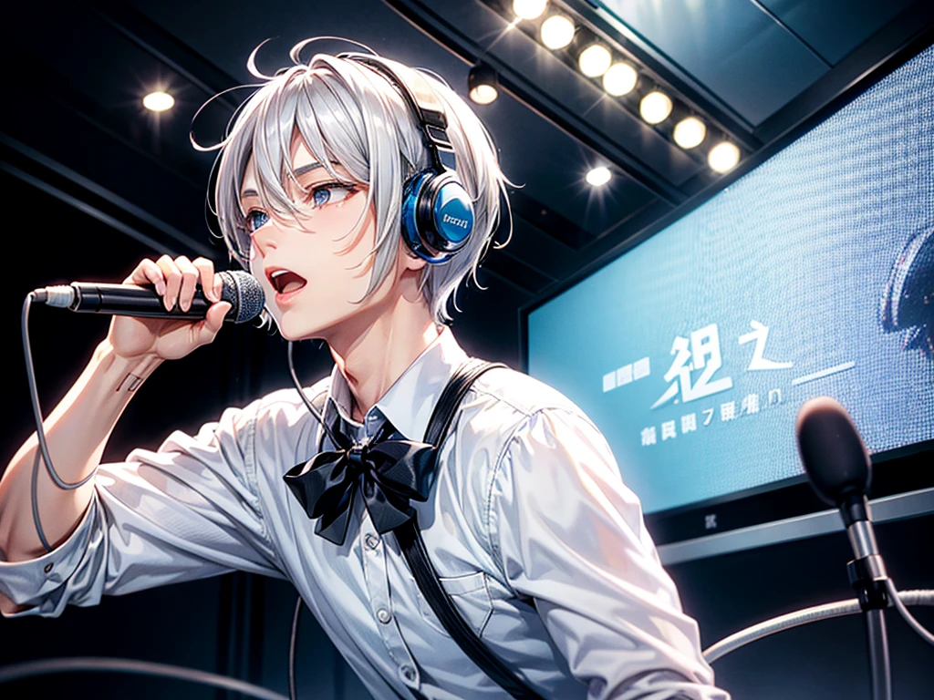 Silver Hair Short、Man with slanted eyes、sing、microphone、White Shirt、headphone