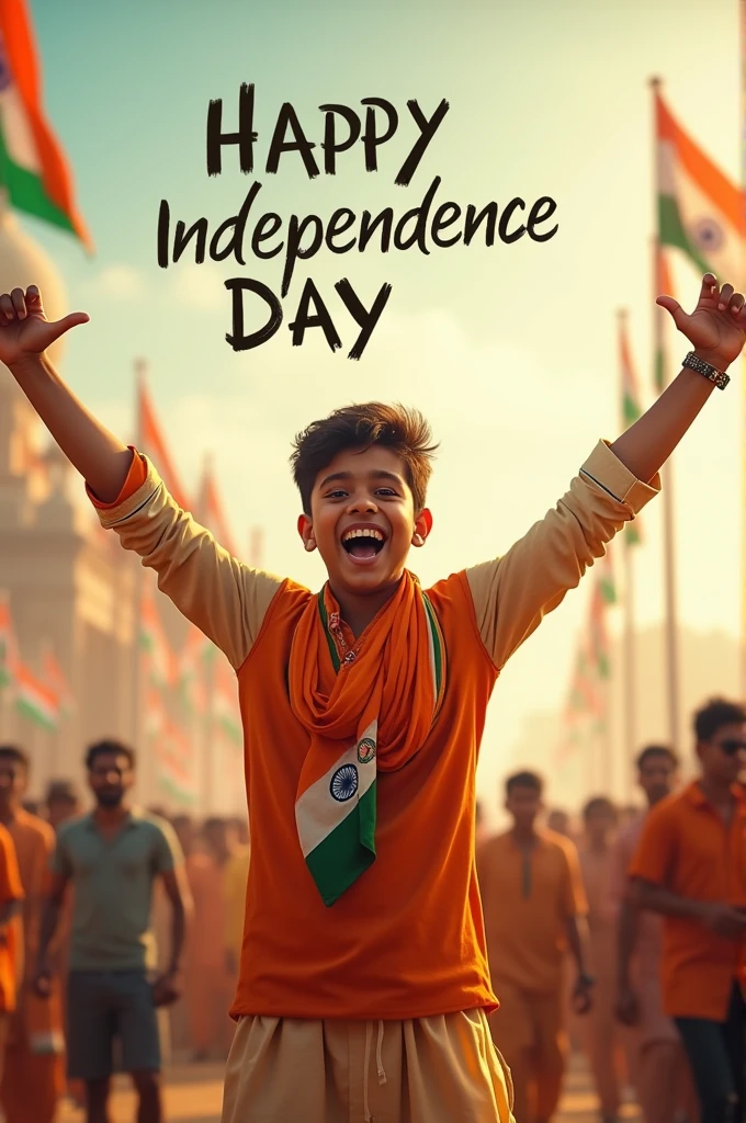 A real 20-year-old boy joyfully celebrates Indian Independence Day. He is wearing traditional Indian outfits with the name "MT_Tahir_" written on his attire. Above him, in the sky, the words "Happy Independence Day" are displayed in a bold font. The backdrop is filled with people celebrating, enhancing the festive and patriotic spirit of the day.