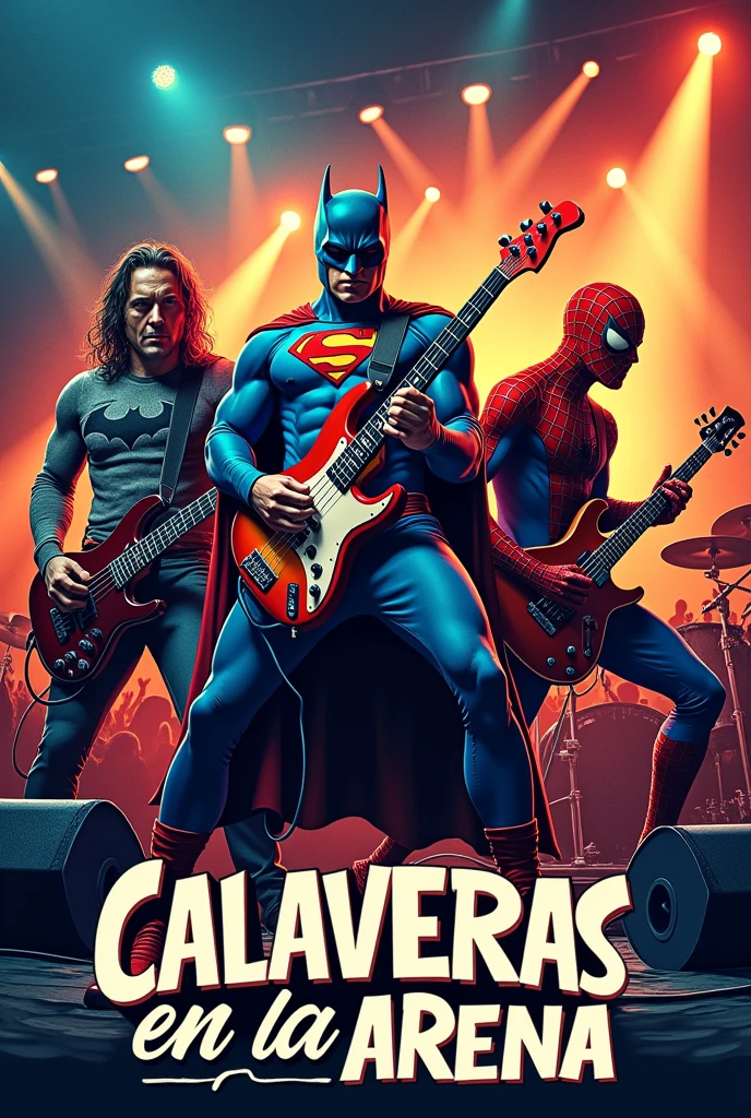 Create a t-shirt print featuring three band members from 'Calaveras en la Arena' dressed as iconic superheroes while performing. The bassist is dressed as Batman, the guitarist as Superman, and the drummer as Spider-Man. They are on a lively stage with an enthusiastic crowd in the background. Ensure that their superhero costumes are recognizable but adapted to match the rock surf style of the band. The design should blend the essence of these superheroes with the band's rock aesthetic, including surf elements and vibrant colors. The band's name, 'Calaveras en la Arena,' should be integrated into the design, either at the top or bottom, in a bold, rock-inspired font that complements the superhero theme."