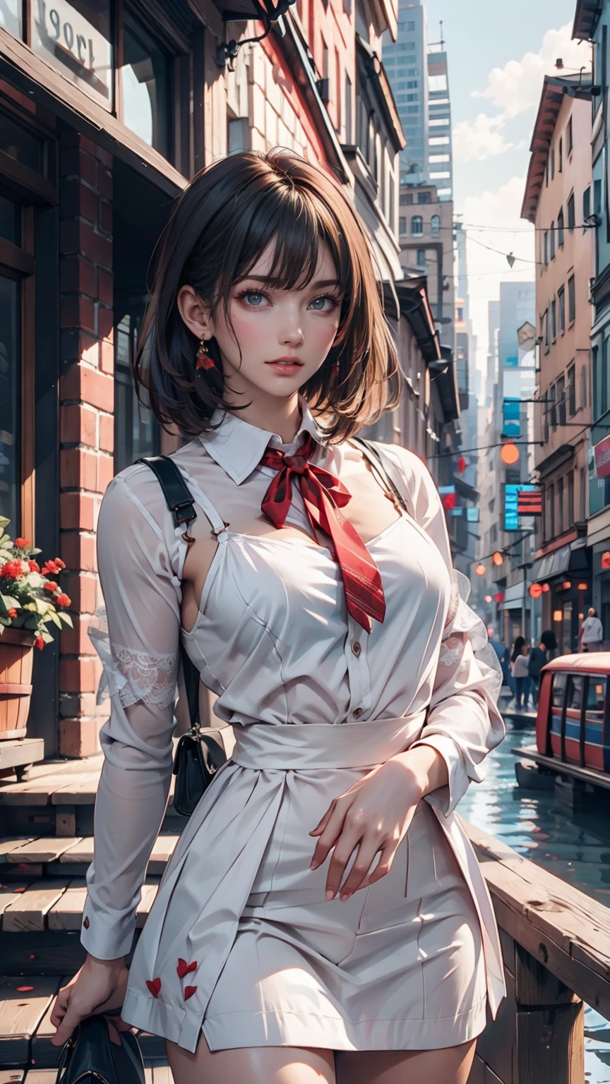 (masterpiece,up to date,Exceptional:1.2), anime,One person,前hair,black_hair, Beautiful 8k eyes,green_null,bridge,building,city,city,cityscape,cloud,Day,dress,Looking_in_Audience,Outdoor,red_Neckwear,red_ribbon,ribbon,river,short_hair,short_sleeve,null,nullscraper,一人in,Are standing,town,winer