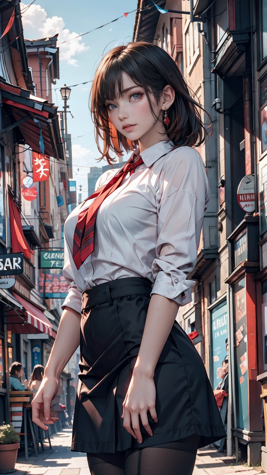 (masterpiece,up to date,Exceptional:1.2), anime,One person,前hair,black_hair, Beautiful 8k eyes,green_null,bridge,building,city,city,cityscape,cloud,Day,dress,Looking_in_Audience,Outdoor,red_Neckwear,red_ribbon,ribbon,river,short_hair,short_sleeve,null,nullscraper,一人in,Are standing,town,winer