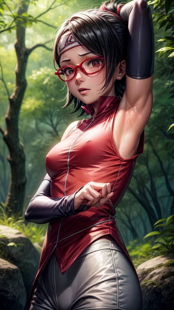 Sarada Uchiha, high quality 4K masterpiece, detail every part specifically, Red blouse, medium breasts, short short , stage in a forest, glasses, short hair, hands up so the armpits are visible, sweat covering the entire body, sweaty from the hot day in the forest, echii gesture on her face , both my hands above armpits