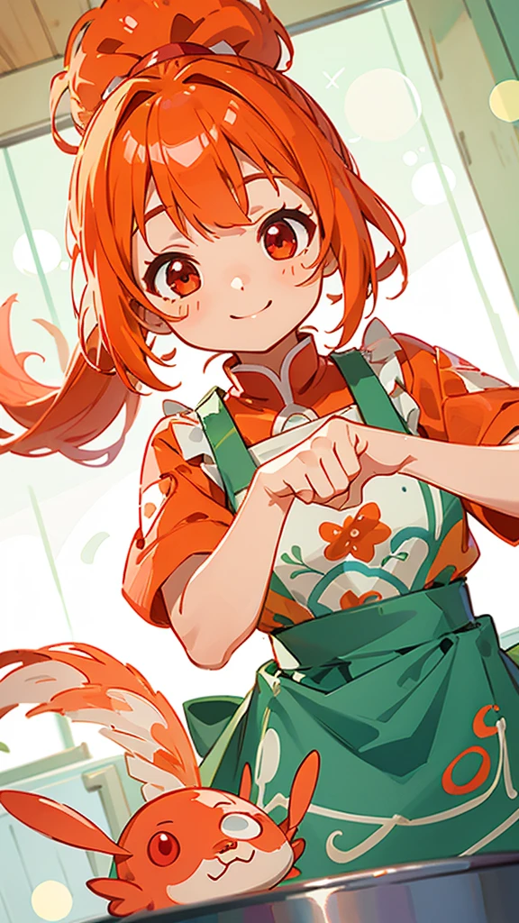 1 person、anime絵画、Cute shrimp woman cooking delicious food in the kitchen、、(Bokeh) (Highest quality) (Detailed skin:1.3) (Intricate details) (anime)、Orange Hair、ponytail、Beautiful red eyes、smile、Upper body close-up、fun、Ethnic patterned apron