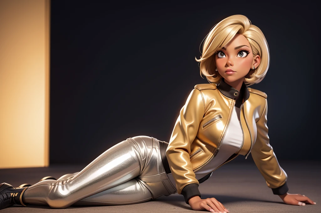 obra prima, melhor qualidade, ((only one woman,)) ((angie dickinson, dark tan skin, blonde bob hair,)) erect cone tits, ((wearing shiny gold leather biker moto jacket,)) ((jacket has padded shoulders, jacket has stiff high collar,)) (((wearing shiny silver leather pants,))) body is very skinny, ((laying down, resting on one hip,)) ((camera back of body view,)) shallow depth of field, highres, HD, 8k, anatomically correct