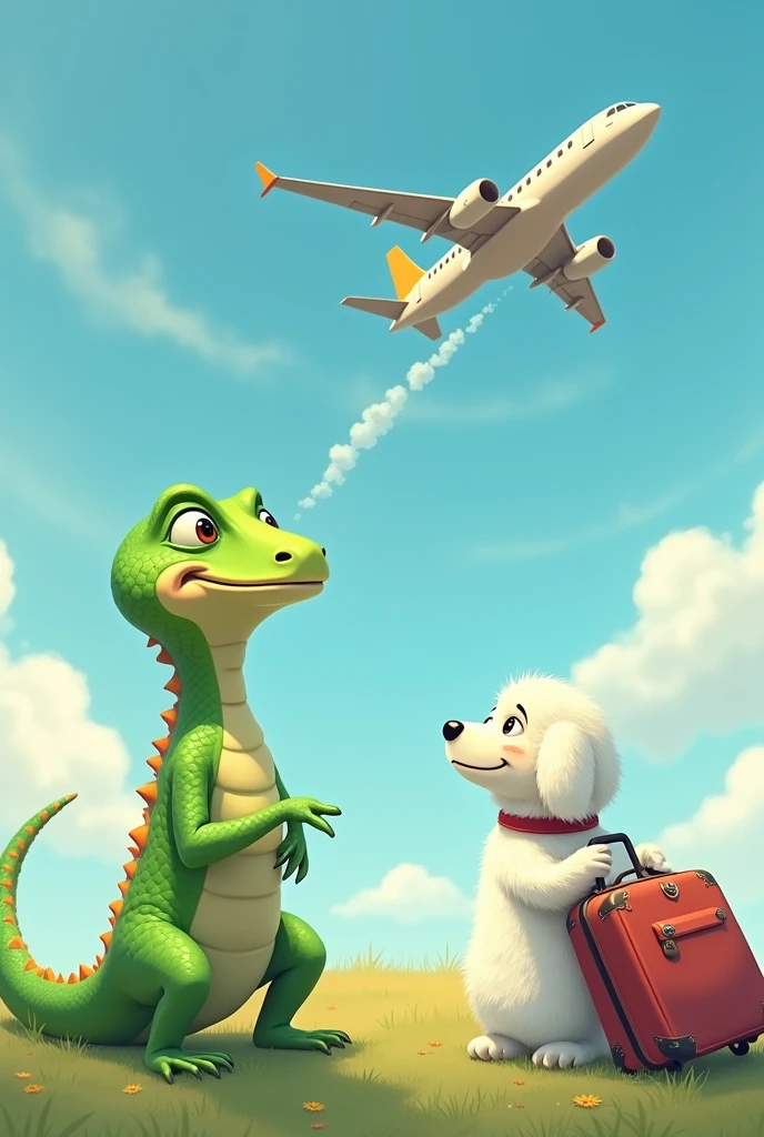 A green lizard and a white dog watching a plane take off with their luggage crying 