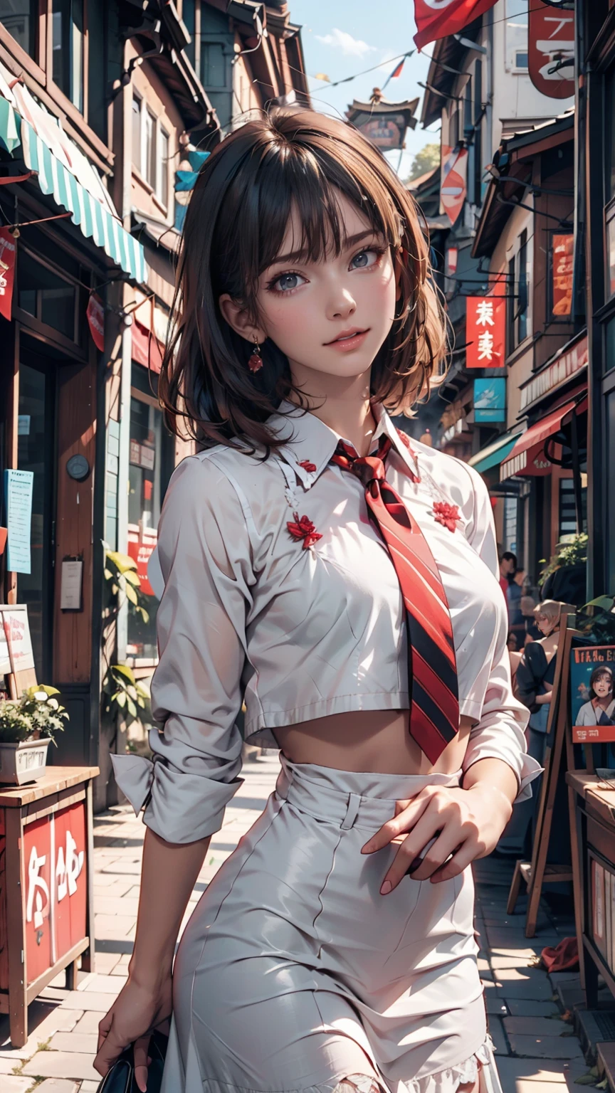 (masterpiece,up to date,Exceptional:1.2), anime,One person,前hair,black_hair, Beautiful 8k eyes,green_null,bridge,building,city,city,cityscape,cloud,Day,dress,Looking_in_Audience,Outdoor,red_Neckwear,red_ribbon,ribbon,river,short_hair,short_sleeve,null,nullscraper,一人in,Are standing,town,winer