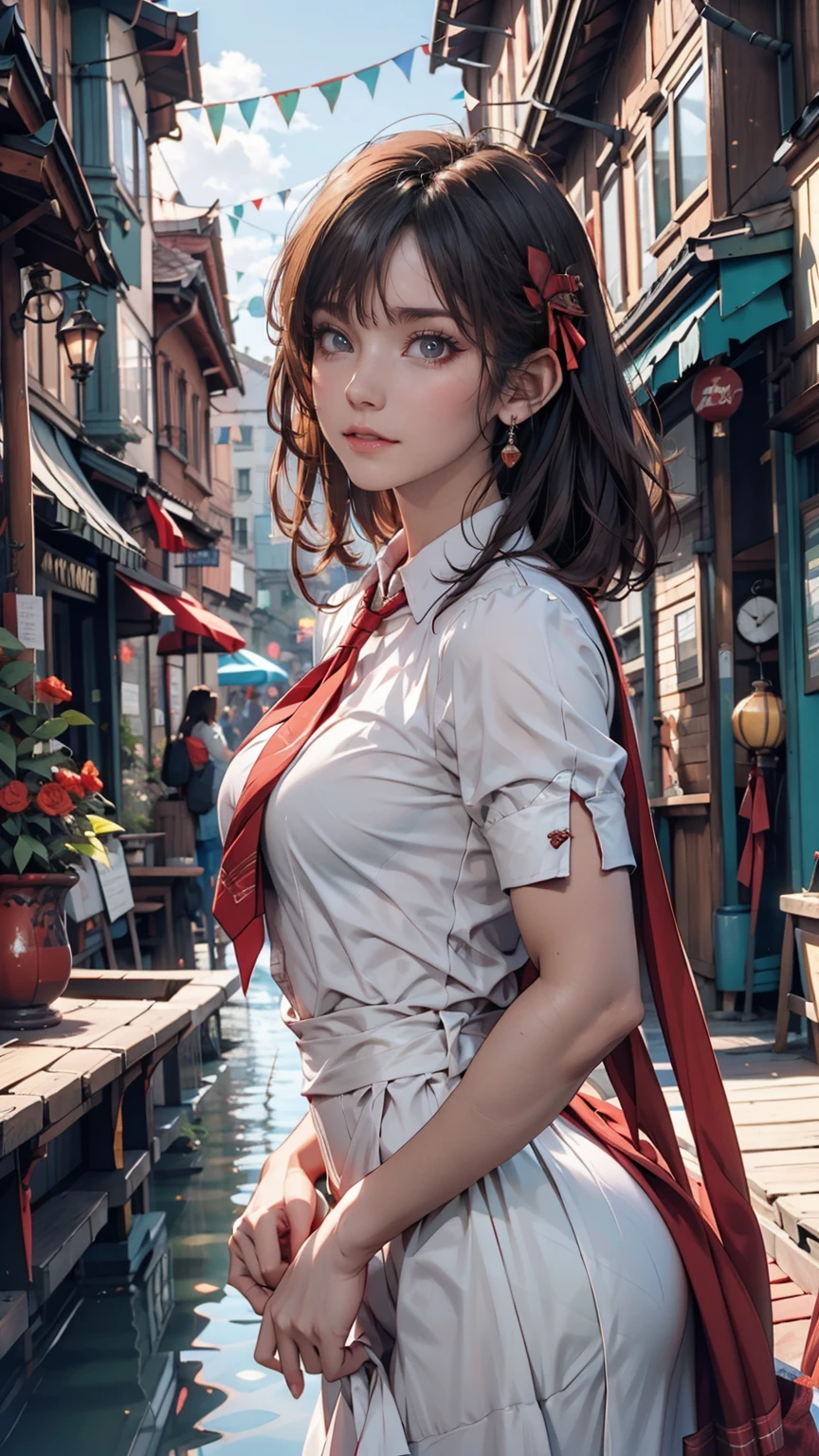 (masterpiece,up to date,Exceptional:1.2), anime,One person,前hair,black_hair, Beautiful 8k eyes,green_null,bridge,building,city,city,cityscape,cloud,Day,dress,Looking_in_Audience,Outdoor,red_Neckwear,red_ribbon,ribbon,river,short_hair,short_sleeve,null,nullscraper,一人in,Are standing,town,winer
