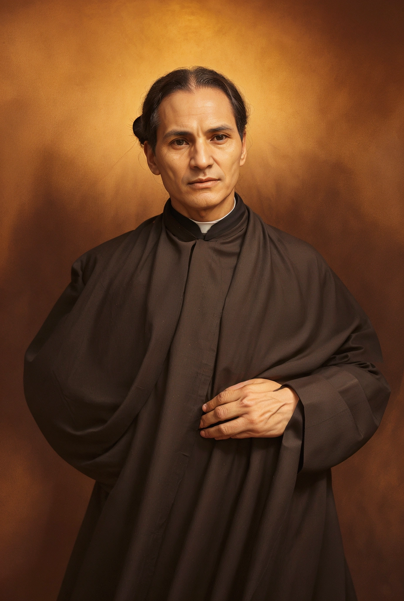 Create a realistic representation of Don Bosco, looking straight ahead. The image should capture subtle, realistic details, like the texture of the skin, wrinkles, and nuances of facial expression that convey serenity and wisdom. Don Bosco's hair must be portrayed accurately, showing natural volume and texture. Lighting should be soft and natural, highlighting the shadows and lights that accentuate facial features, like the bone structure and the penetrating gaze. He should be dressed in his traditional clerical cassock., with attention to the details of the fabric folds and the natural drape of the garment. The background should be simple and neutral, preferably in soft tones, to keep the total focus on Don Bosco, highlighting it in an imposing and respectful manner.