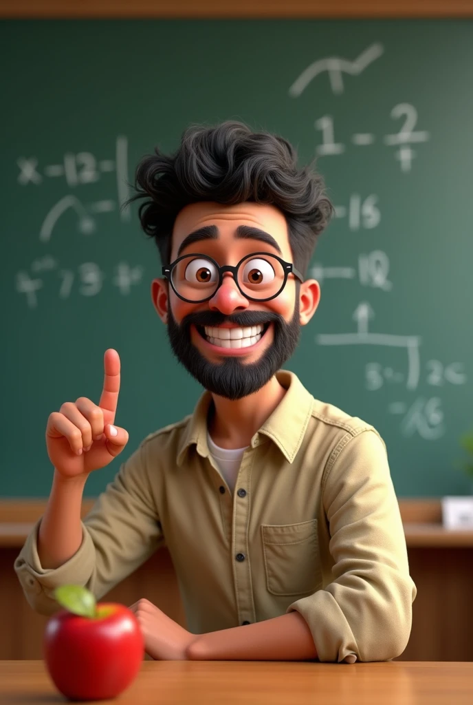 Math teacher, adult male, between 30 and 35 years old, patchy beard on his face, messy curly black hair, short haircut, glasses, big nose lateral position looking forward, slightly leaning forward towards the front camera making a positive with his thumb and winking with one eye in front of the board with a white coat and an apple on his desk in the style of Pixar animation