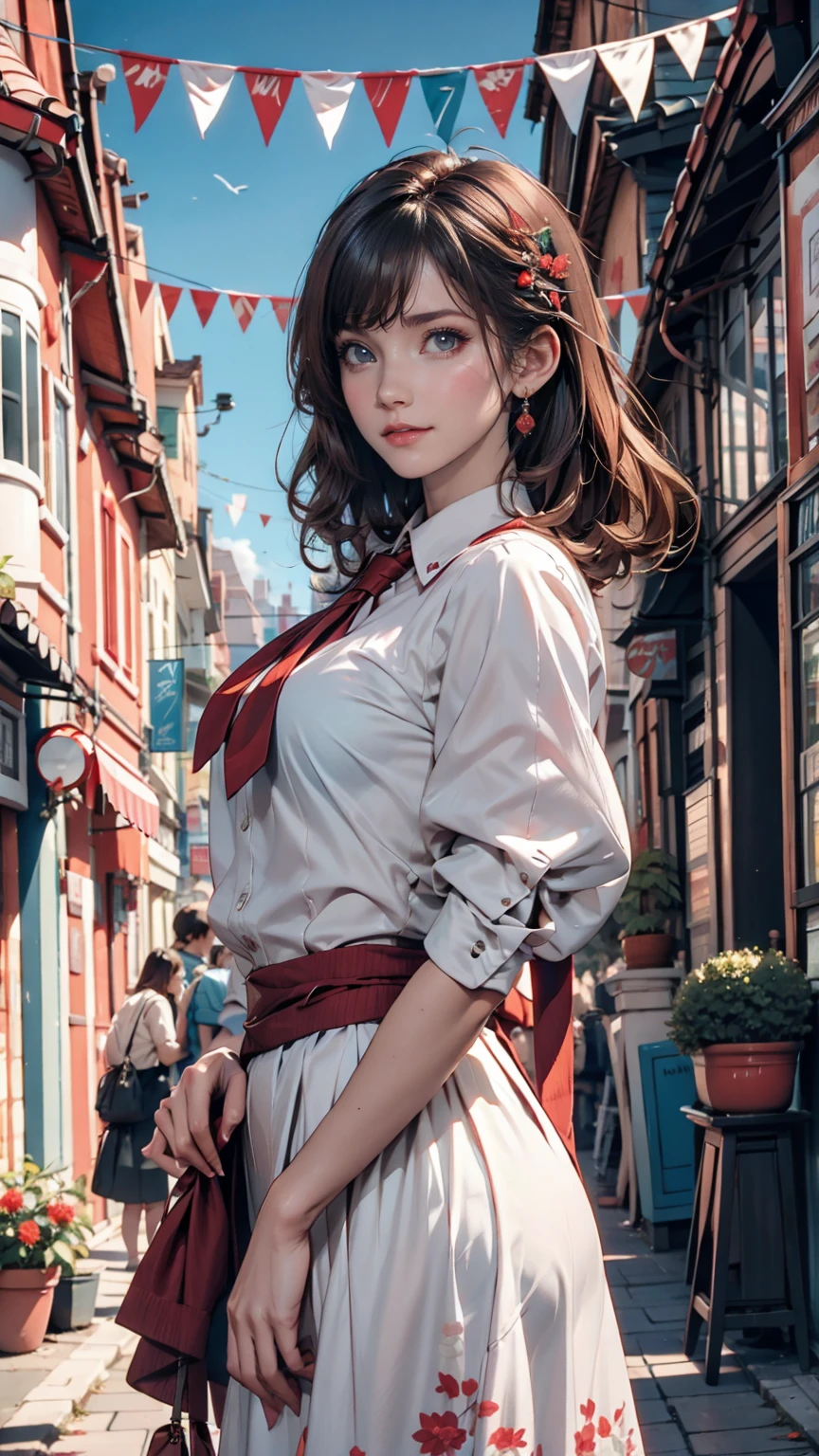 (masterpiece,up to date,Exceptional:1.2), anime,One person,前hair,black_hair, Beautiful 8k eyes,green_null,bridge,building,city,city,cityscape,cloud,Day,dress,Looking_in_Audience,Outdoor,red_Neckwear,red_ribbon,ribbon,river,short_hair,short_sleeve,null,nullscraper,一人in,Are standing,town,winer