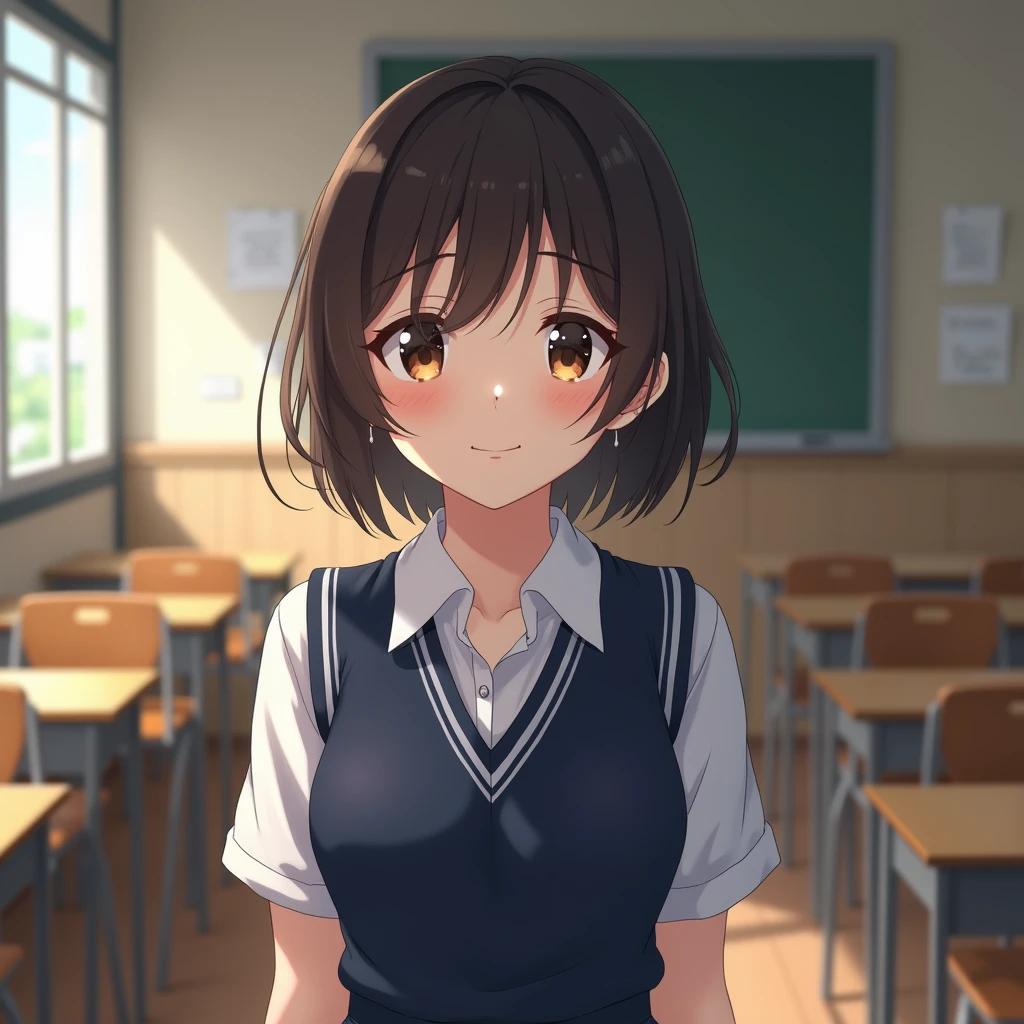 best quality, face focus, soft light, ultra high res, (photorealistic:1.4), RAW photo, 1japanese girl, solo, cute, (shy smile:0.5), (brown eyes, lights in the eyes), detailed beautiful face, (small chest),(high resolution detail of human skin texture), (short bob hair), BREAK, in classroom,navy school uniform, vest, skirt