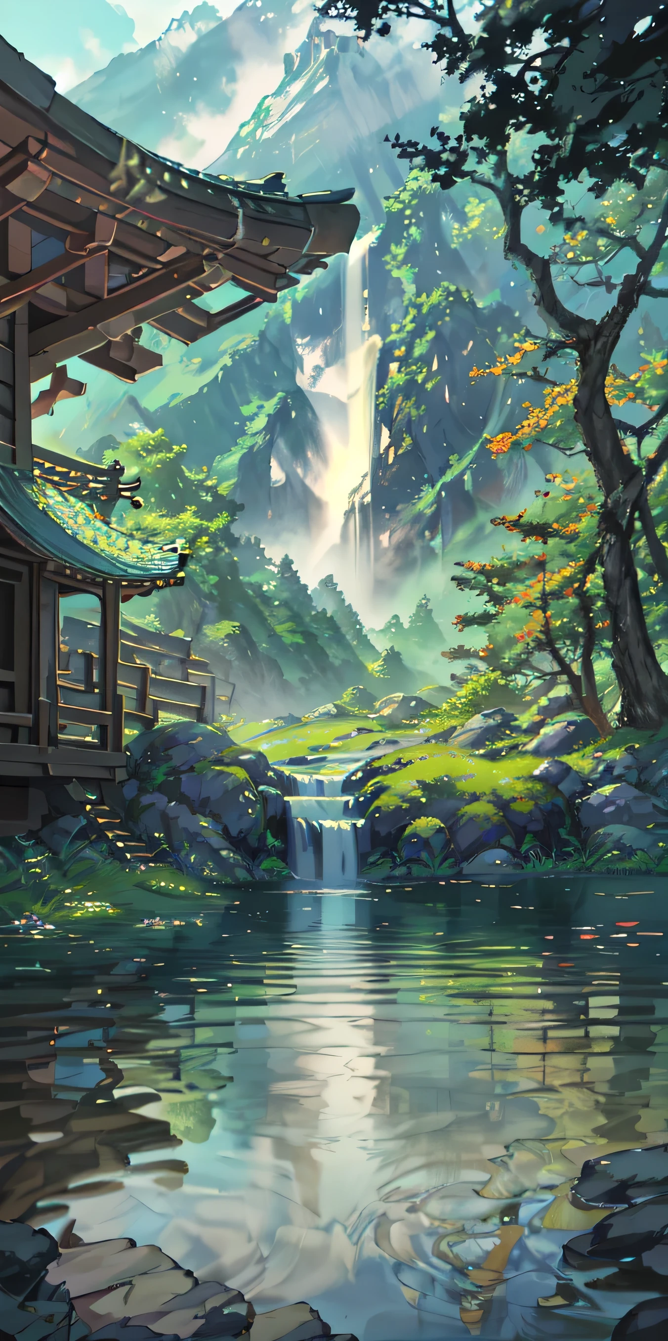 china ancient, spring, jungle, lake, cave, waterfall, tree, grassland, rock, deer, hot spring, steam, (illustration: 1.0), Narrative composition, realistic lighting, HD Details, masterpiece, best quality, (Highly detailed CG integrated 8k wallpaper)