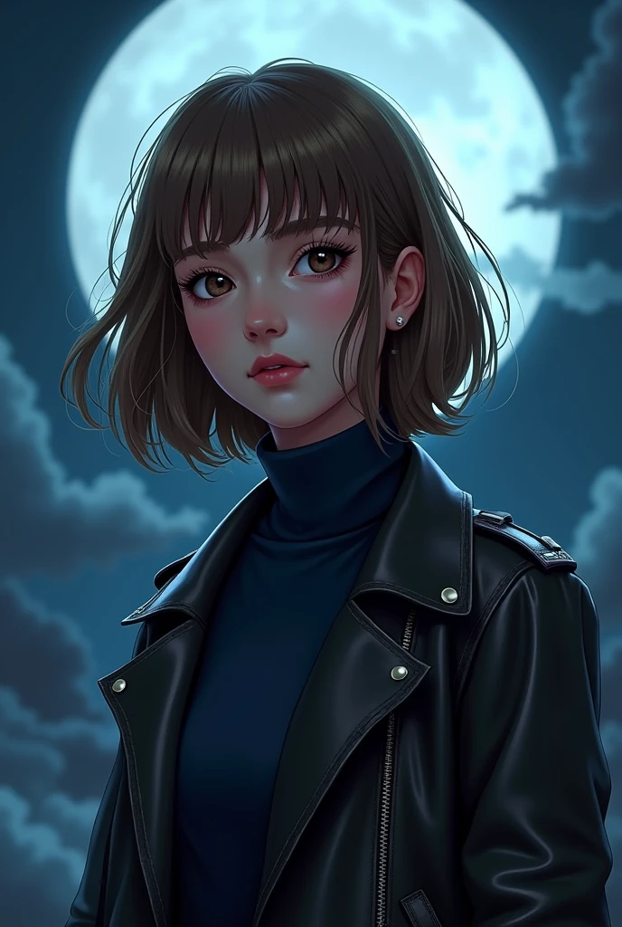 Young Brazilian human fascinated by Greek mythology and supernatural creatures, deep connection with the dark forces of the night, A horror RPG, mystery and investigation set in modern times, the basic image, occultist, cabelo longo de bangss, bangss, light brown hair color, very fair skin, at night with the moon, wearing a navy blue long sleeve turtleneck shirt, leather jacket, outgoing, ARTe Realistic Cartoon, uncanny, Paranormal order Cellbit, rounded face, rpg paranormal order