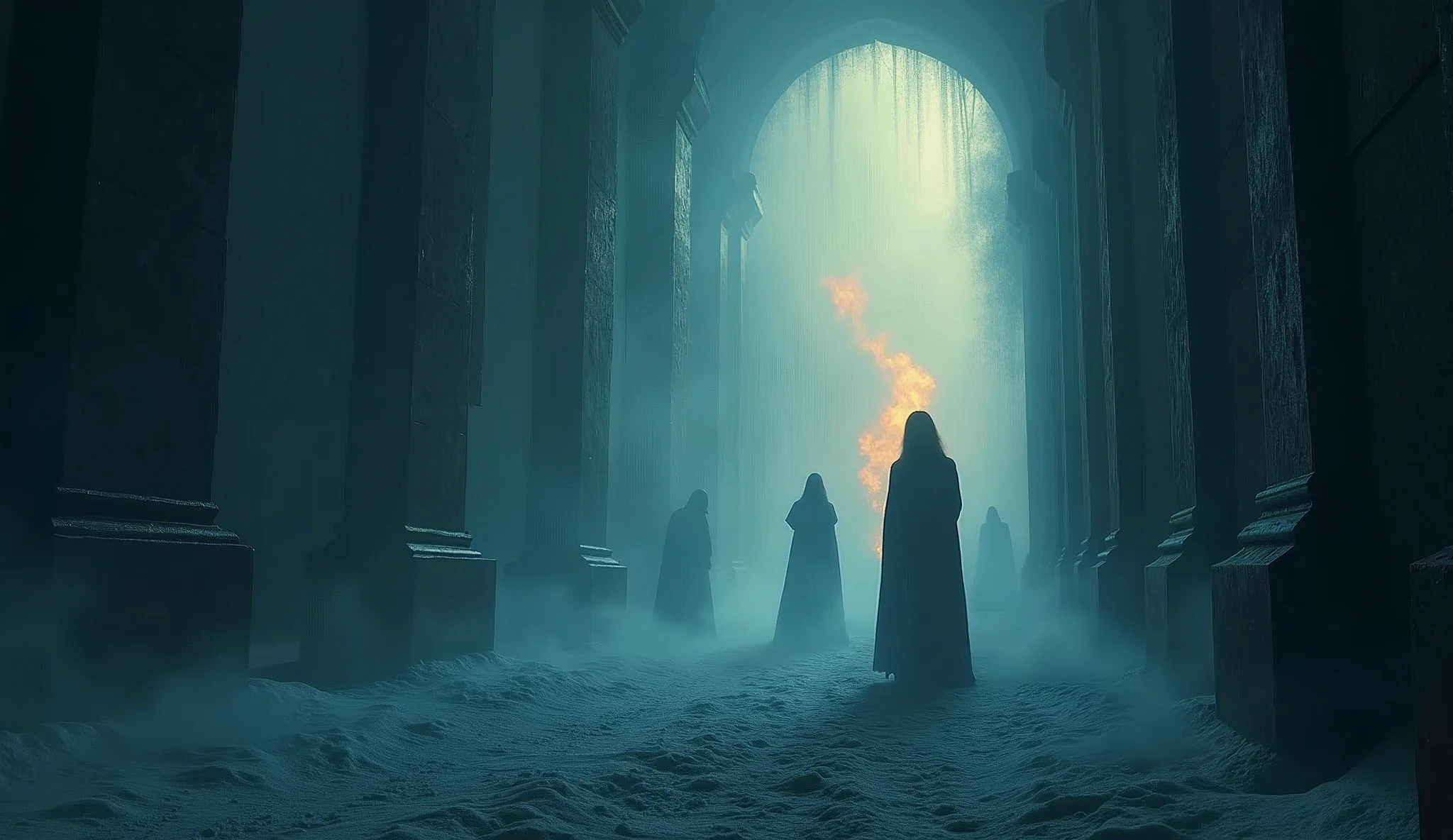 silhouettes of mysterious beings walls in dark blue tones orange smoke looking like a ghost from the past haunting the icy landscape