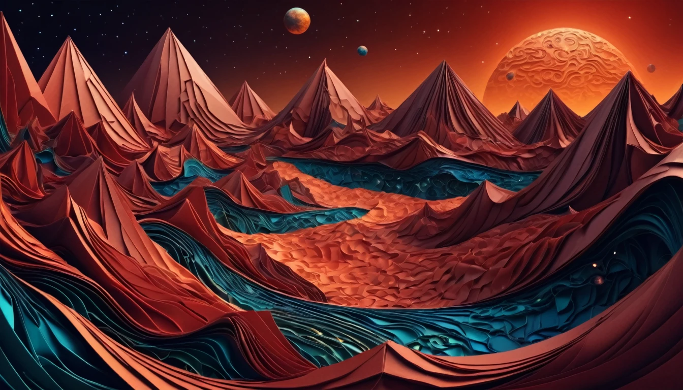 (best quality, highres, ultra sharp), magical alien landscape, mars, about the curvature of space time, origami sea, zentangle lines, art decostyle , full colored, 3d crunch, dark tones,