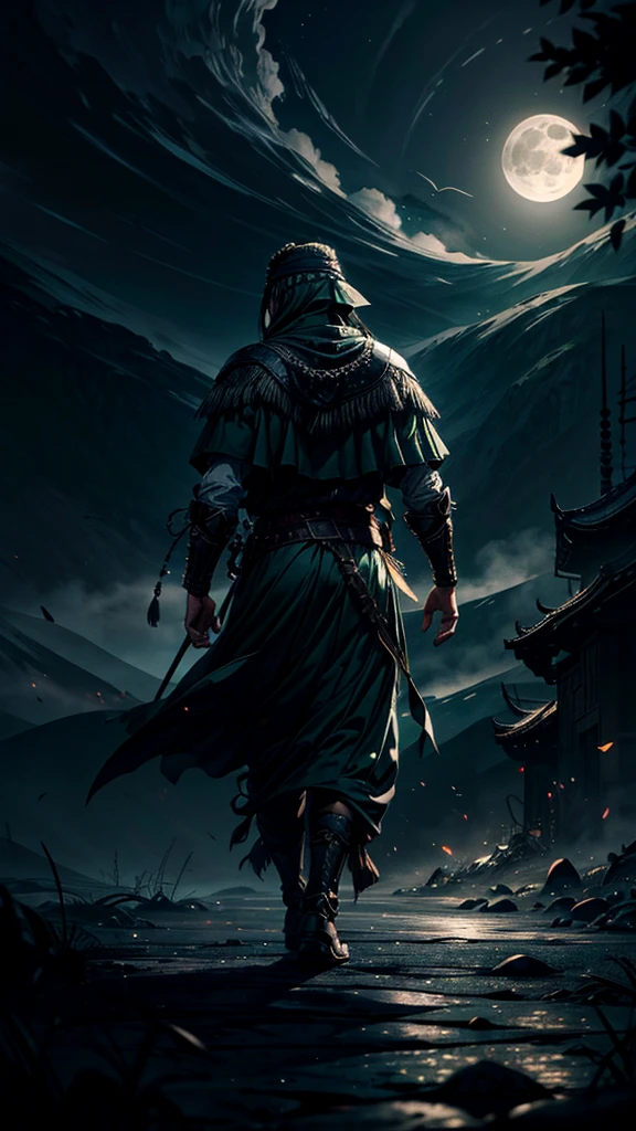 In green color islamic warrior backside in full moon night 8k quality
"A highly detailed illustration of an Islamic warrior walking firmly into the distance, facing away from the audience under a full moon night. The warrior is adorned in traditional Islamic attire, including a cloak on his head and a long chadar flowing behind him. The scene is set in a vast desert under the dark sky, with rolling white clouds and thick smoke drifting into the air. Eagles soar above as the moonlight casts noticeable shadows and light effects. The image has a vivid color scheme with a focus on dark, deep tones, enhanced by light particle effects. The overall style is akin to an ink painting with clear layers, depth of field, and ray tracing, emphasizing the nocturnal atmosphere. This 8k quality image is suitable for a wallpaper, capturing the mysterious journey through a moonlit landscape."