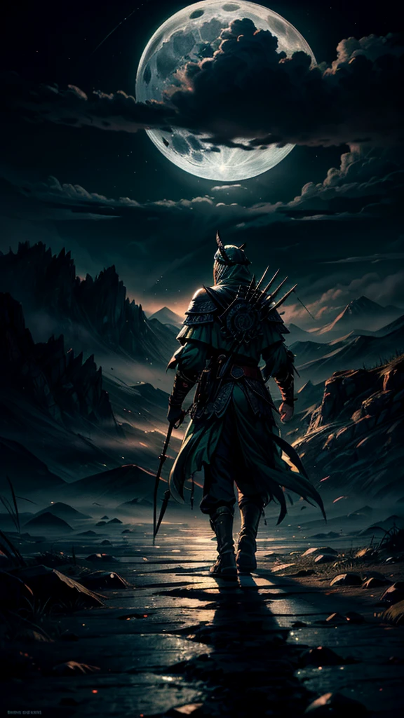 In green color islamic warrior backside in full moon night 8k quality
"A highly detailed illustration of an Islamic warrior walking firmly into the distance, facing away from the audience under a full moon night. The warrior is adorned in traditional Islamic attire, including a cloak on his head and a long chadar flowing behind him. The scene is set in a vast desert under the dark sky, with rolling white clouds and thick smoke drifting into the air. Eagles soar above as the moonlight casts noticeable shadows and light effects. The image has a vivid color scheme with a focus on dark, deep tones, enhanced by light particle effects. The overall style is akin to an ink painting with clear layers, depth of field, and ray tracing, emphasizing the nocturnal atmosphere. This 8k quality image is suitable for a wallpaper, capturing the mysterious journey through a moonlit landscape."