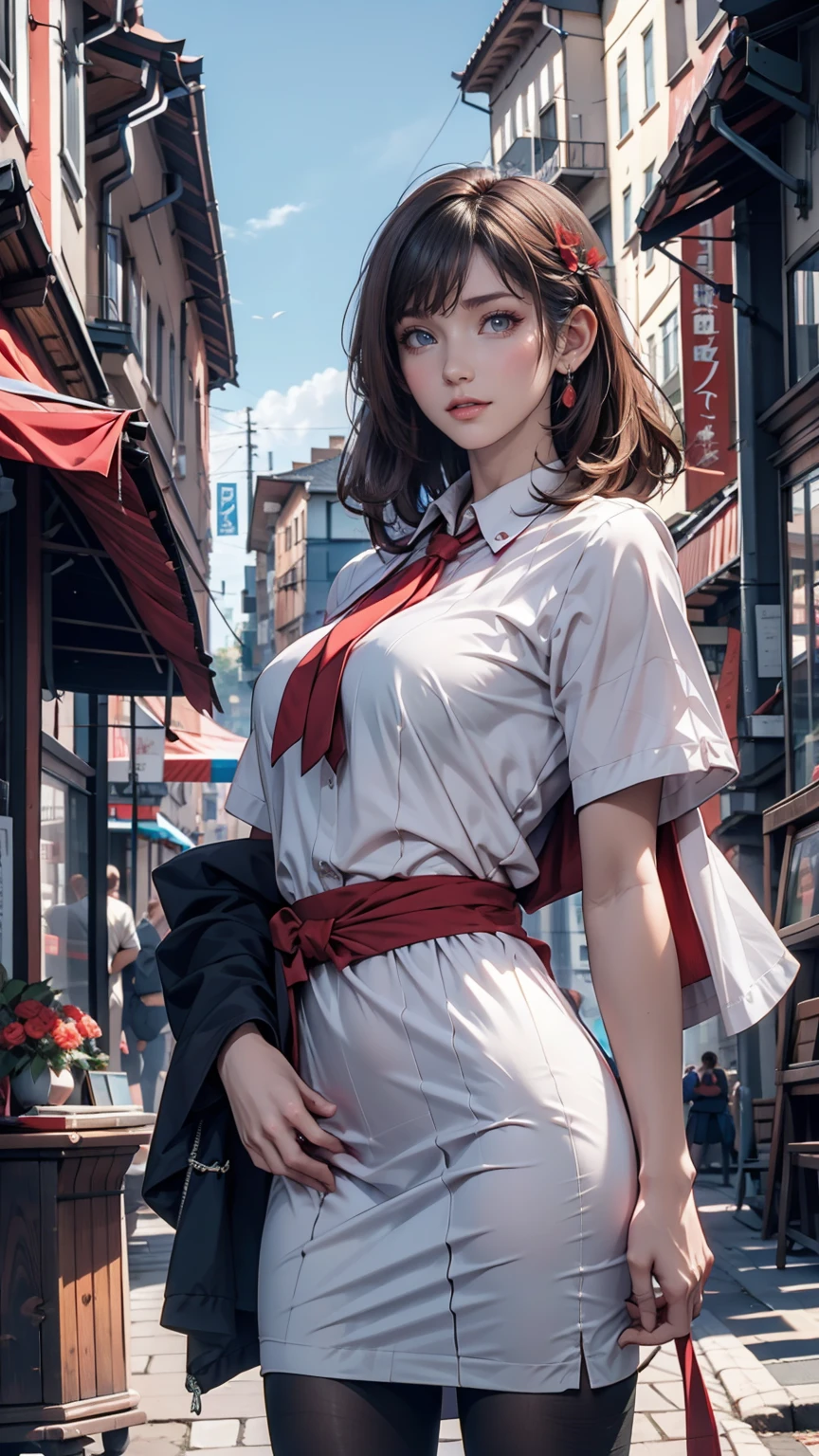 (masterpiece,up to date,Exceptional:1.2), anime,One person,前hair,black_hair, Beautiful 8k eyes,green_null,bridge,building,city,city,cityscape,cloud,Day,dress,Looking_in_Audience,Outdoor,red_Neckwear,red_ribbon,ribbon,river,short_hair,short_sleeve,null,nullscraper,一人in,Are standing,town,winer