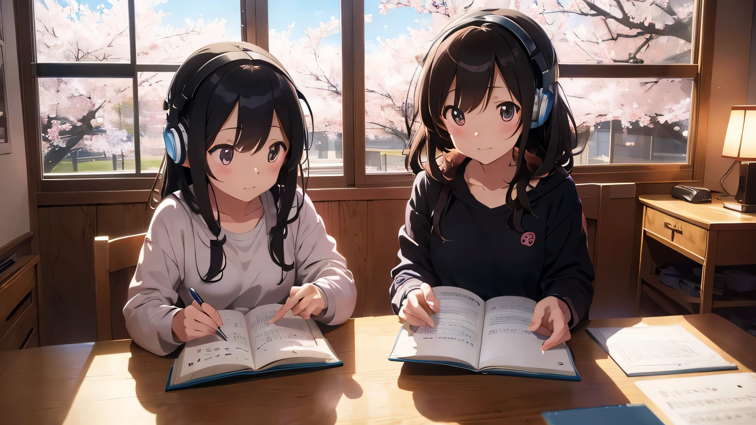 Japanese anime、In Ghibli style、studying while listening to music through her headphones、Lighting is warm、Outside the large window, cherry blossoms are blooming wildly.