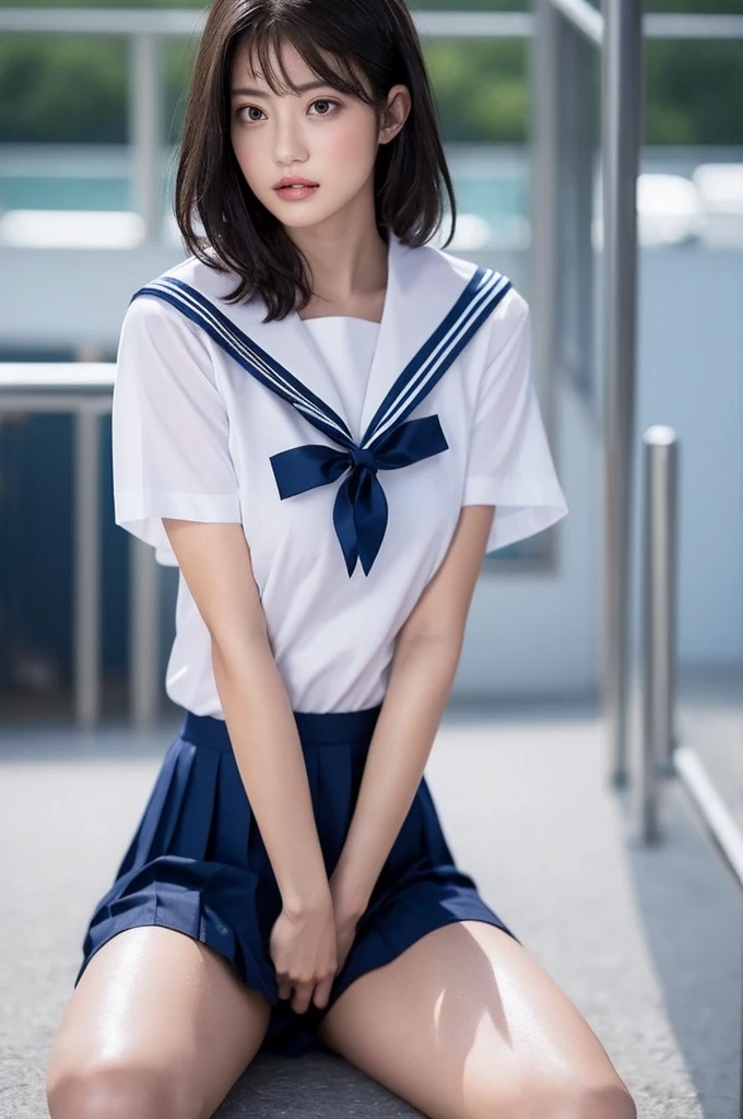 Highest quality, masterpiece, Ultra-high resolution, (Realistic:1.4), RAW Photos, One person, Black Hair, Glowing Skin, Wet body, Dramatic lighting, short hair, Straight hair, bangs, Brown Hair,Flat Chest,Slender legs、 White short-sleeved sailor suit、Navy blue pleated skirt:1.3、Sexy bra in sailor suit:1.4、Sexy string T-panty inside the skirt:1.4,Transparent Sailor Suit:1.5
