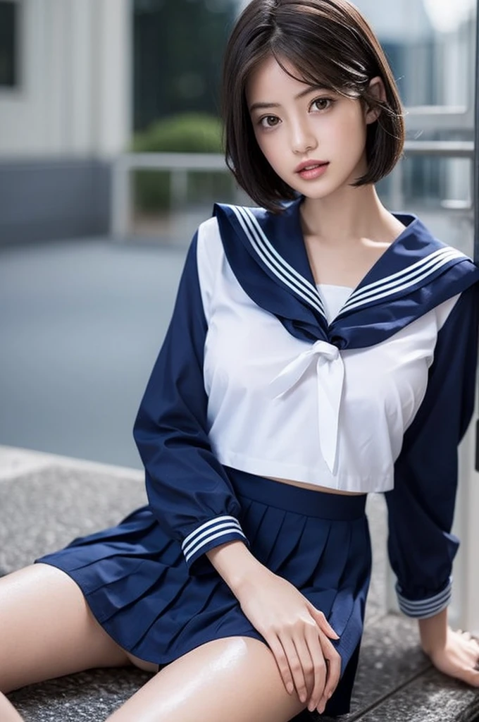 Highest quality, masterpiece, Ultra-high resolution, (Realistic:1.4), RAW Photos, One person, Black Hair, Glowing Skin, Wet body, Dramatic lighting, short hair, Straight hair, bangs, Brown Hair,Flat Chest,Slender legs、 White short-sleeved sailor suit、Navy blue pleated skirt:1.3、Sexy bra in sailor suit:1.4、Sexy string T-panty inside the skirt:1.4,Transparent Sailor Suit:1.5