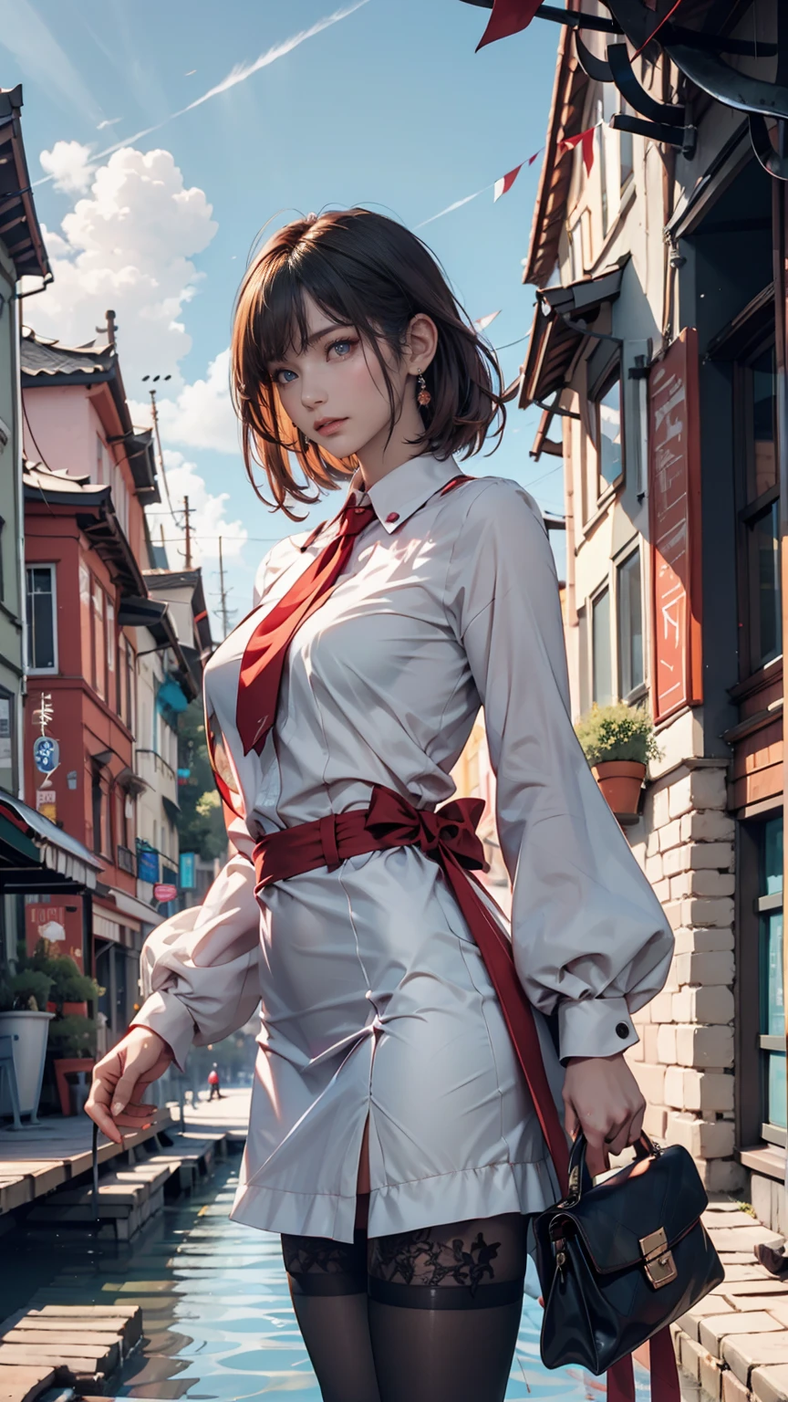 (masterpiece,up to date,Exceptional:1.2), anime,One person,前hair,black_hair, Beautiful 8k eyes,green_null,bridge,building,city,city,cityscape,cloud,Day,dress,Looking_in_Audience,Outdoor,red_Neckwear,red_ribbon,ribbon,river,short_hair,short_sleeve,null,nullscraper,一人in,Are standing,town,winer