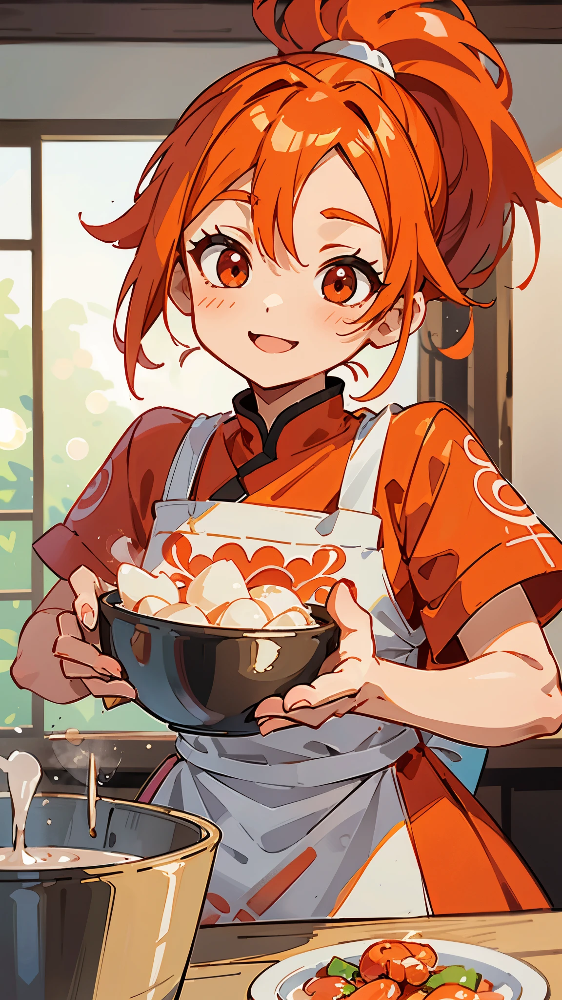 1 person、anime絵画、Cute shrimp woman cooking delicious food in the kitchen、、(Bokeh) (Highest quality) (Detailed skin:1.3) (Intricate details) (anime)、Orange Hair、ponytail、Beautiful red eyes、smile、Upper body close-up、fun、Ethnic patterned apron