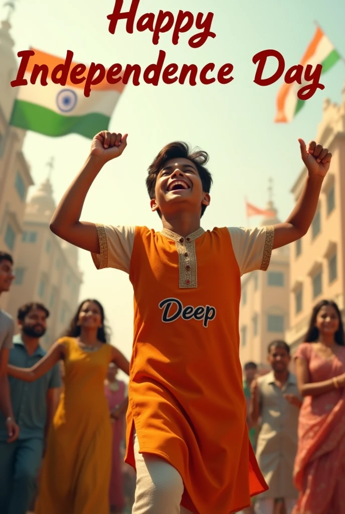 
1. A real 20-year-old boy joyfully celebrates Indian Independence Day. He is wearing traditional Indian outfits with the name "deep" written on his attire. Above him, in the sky, the words "Happy Independence Day" are displayed in a bold font. The backdrop is filled with people celebrating, enhancing the festive and patriotic spirit of the day.