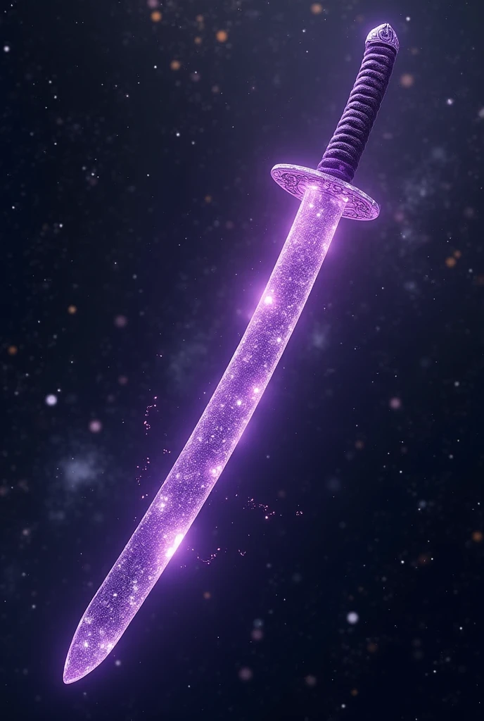 An extremely powerful Japanese katana made of brilliant purple diamond hanging in the air in the middle of the universe.