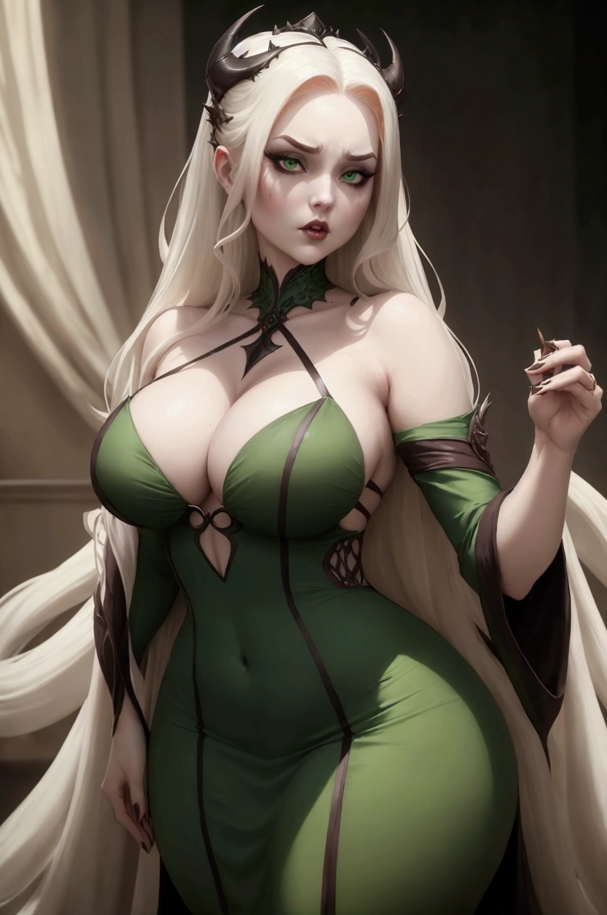 A beautiful female villain representing the sin of gluttony. She has voluminous chestnut hair, pale white skin, and a serious, hungry gaze. She wears a green dress with a plunging neckline, embodying both allure and menace. Her expression conveys an insatiable appetite, hinting at her dark and consuming nature."