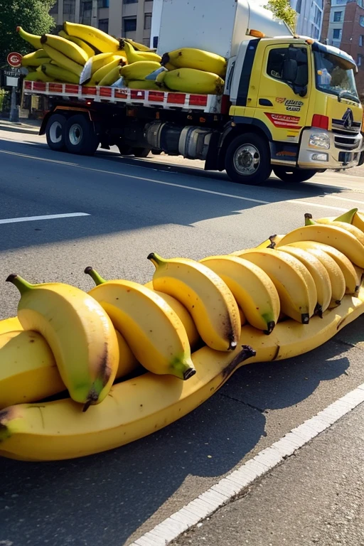 ((best quality)), ((masterpiece)), (detailed),Truck overturned,Loads of bananas scattered across the road,Five people stepping on bananas and falling over,