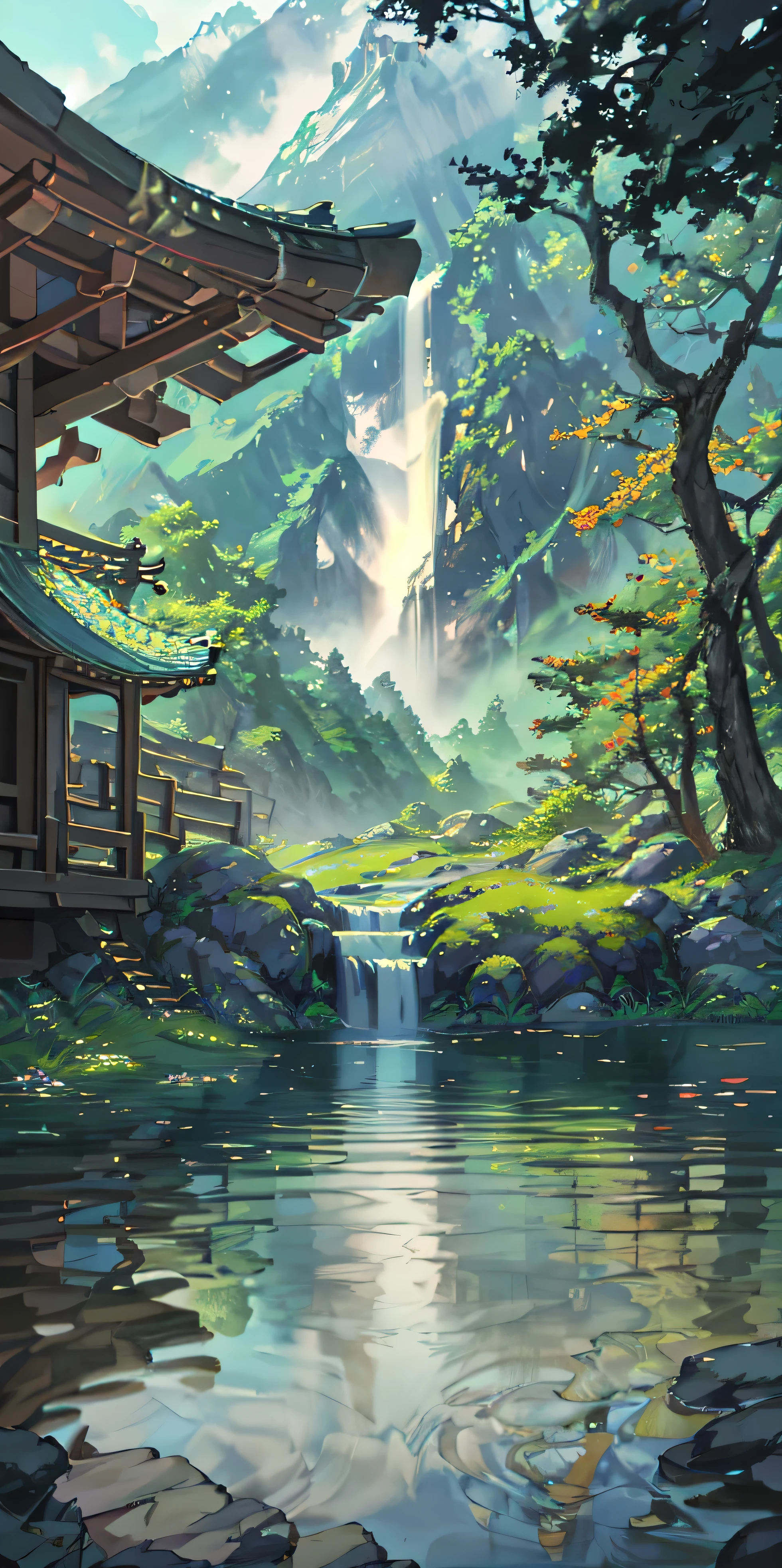 china ancient, spring, jungle, lake, cave, waterfall, tree, grassland, rock, deer, hot spring, steam, (illustration: 1.0), Narrative composition, realistic lighting, HD Details, masterpiece, best quality, (Highly detailed CG integrated 8k wallpaper)