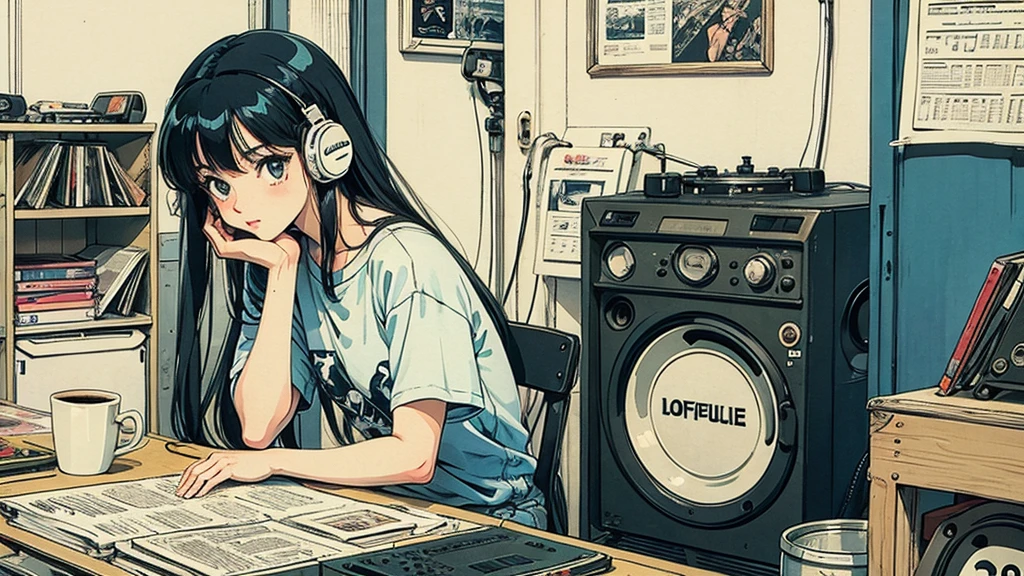 1 person, Blue Long Hair, 80s anime style, I have headphones on, coffee, Retro, Lo-Fi,A stylish room filled with records, Wearing a short-sleeved T-shirt,