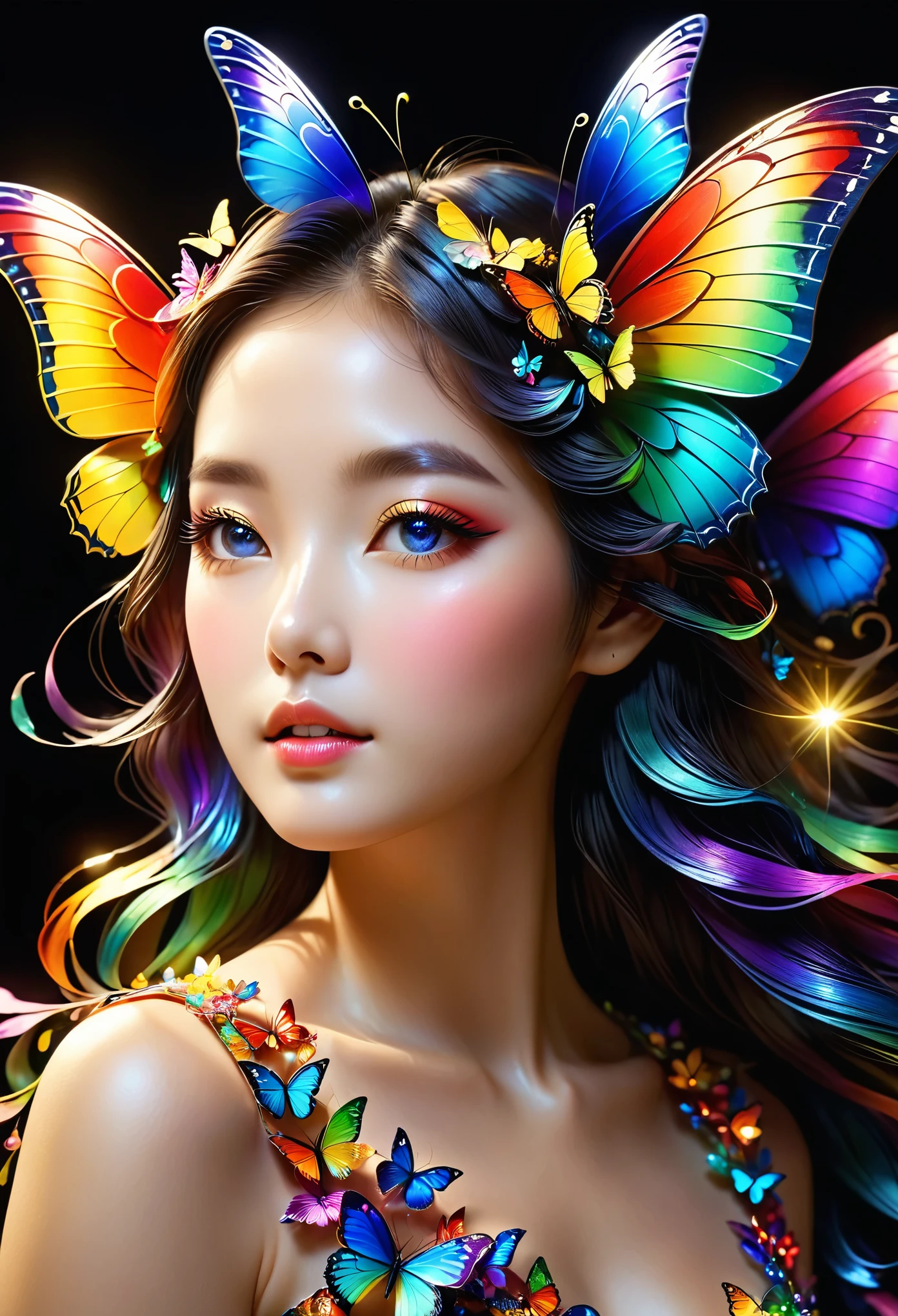 暗闇の中を羽ばたくButterfly々shine、beautiful, Like a dream、Touched my heart.,Butterfly々:Rainbow:Seven colors:Shine:shine,dark background,Flash,とてもFlash,masterpiece,最高masterpiece,The best paper,Beautiful landscape,Great,優しくshineButterfly々,politely,rendering,unreal engine,Elements of Zentalg,complex parts,politely描く,Careful,Light particles:闪闪Shine的鳞片,Butterflyの羽ばたきの軌跡がshine,rich and colorful,rich and rich and colorful,Anatomically correct,beautiful light and shadow,a secret,Fantasy,Fantasy,the art of mathematics