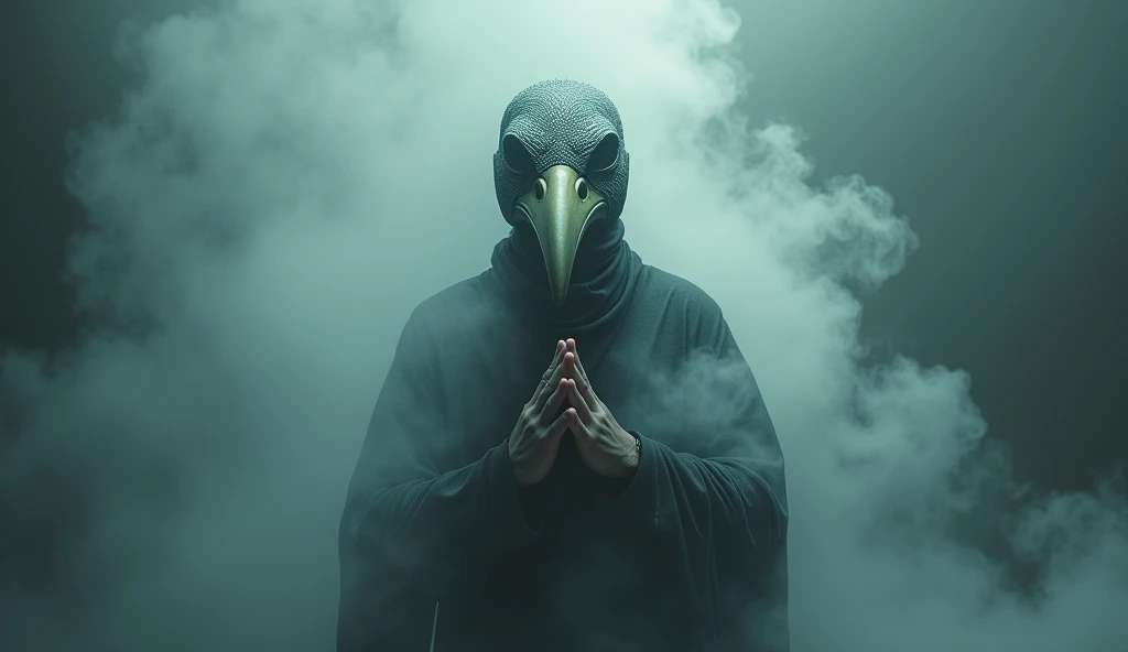 A man in the middle holding a bird beak mask, and smoke coming out all around