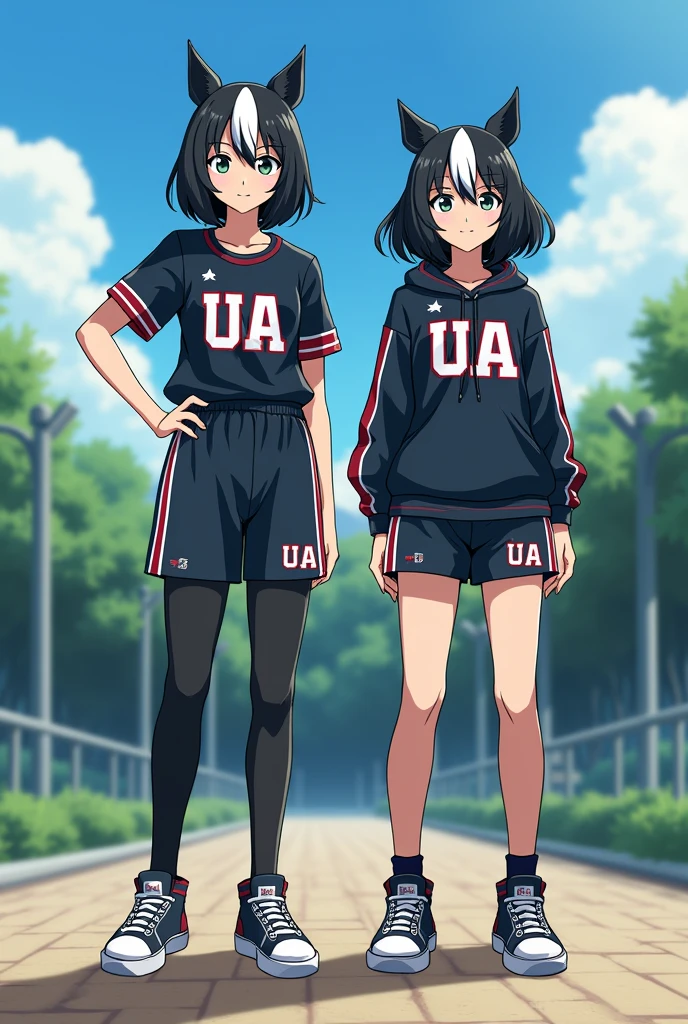 The My Hero Academia girl with black hair and white streaks in the front has a wolf cut and is wearing UA sportswear. She's standing next to Shoto.