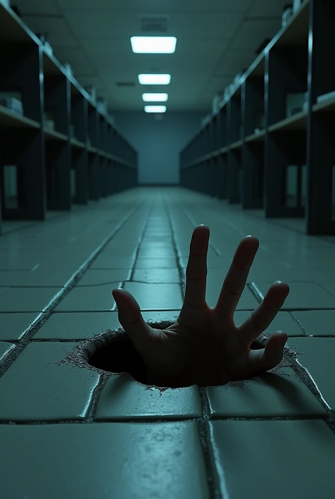 Make a horror image of a human hand coming out of a ceramic floor clinging to the floor, Let the room be dark and a light illuminating it from above "in a high school"

