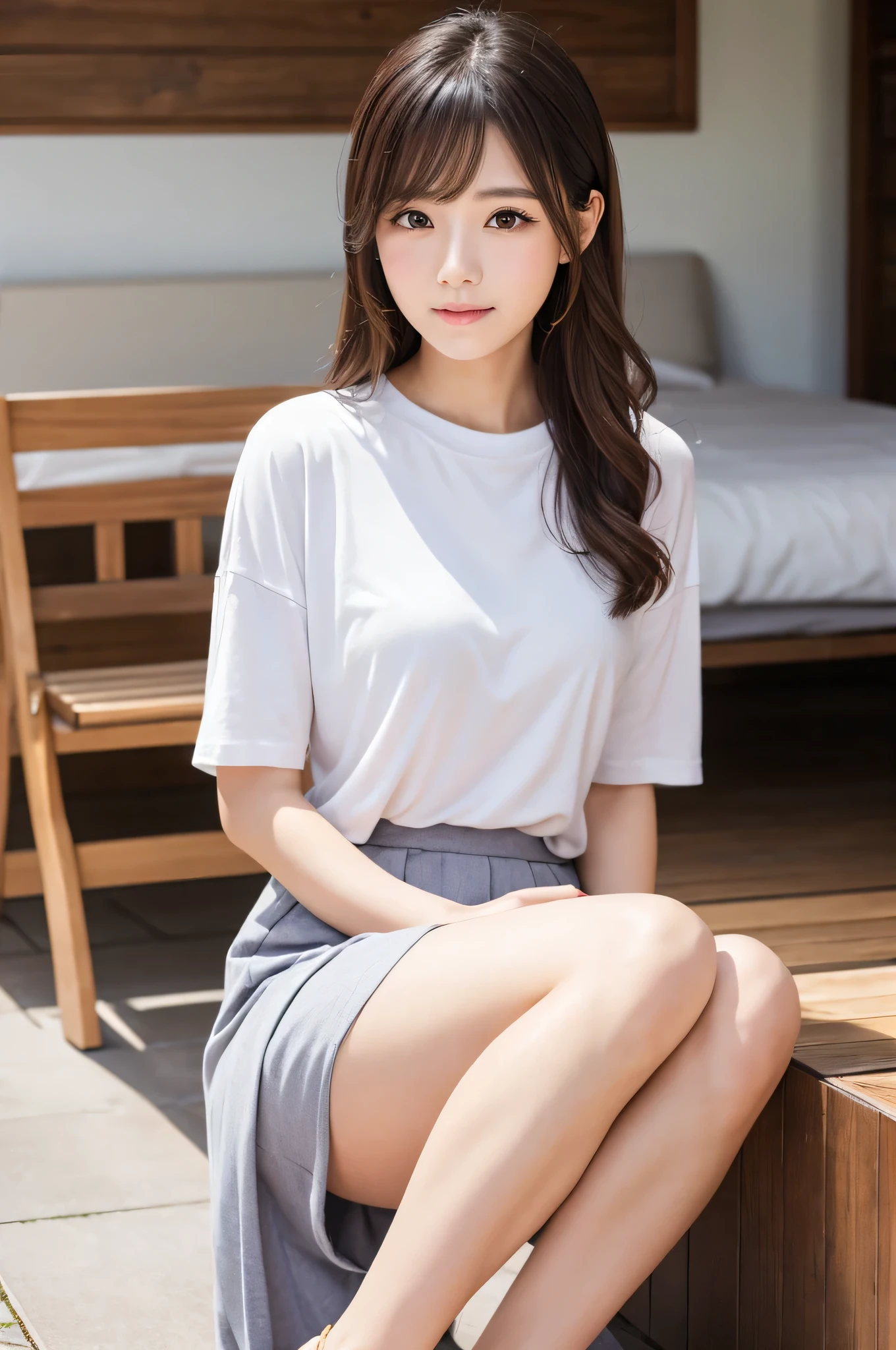 Tabletop, 最high quality, figure, Very detailedな, Fine details, High resolution, 8k wallpaper, Perfect dynamic composition, 美しいAttention to detail目, Natural lips,The best texture, high quality, Ultra HD, 8k, whole bodyphotograph, Realistic, Very detailed, Attention to detail, Ultra Clear,Japanese One person alone semi-long Wave cute photograph Real front Whitening older sister looking at the camera Small face Adult-like summer Beautiful feet whole body I wore mules Ultra high definition Long skirt T-Shirts mature turn around