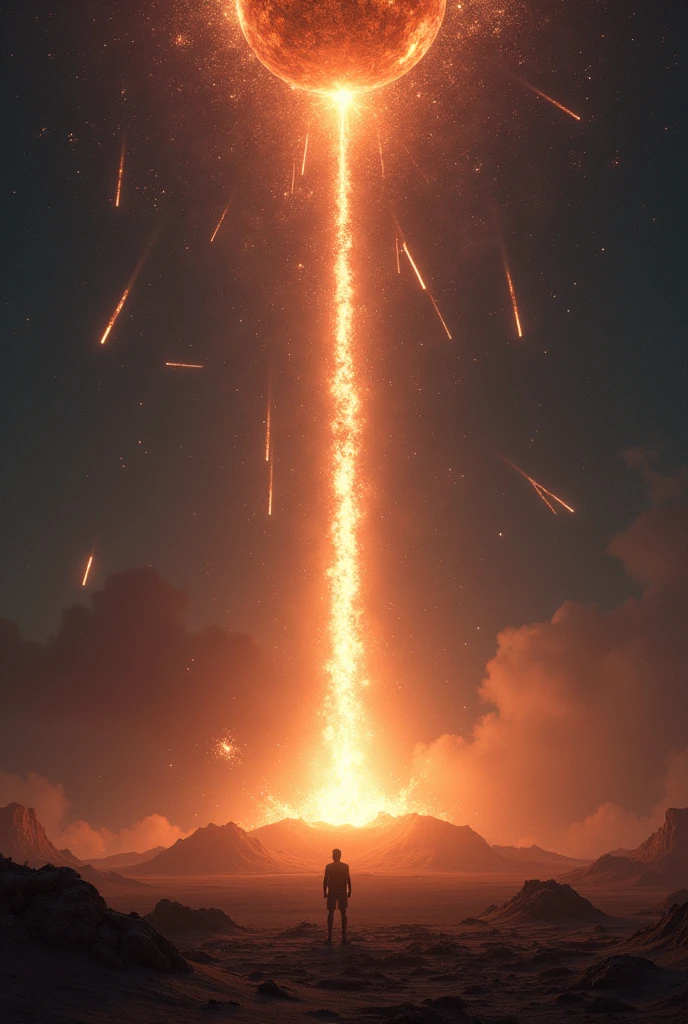 Many big and beautiful shooting stars are falling、By the time it reached the ground, it had become a meteorite.、Draw a picture of a fire or a disaster on the ground.