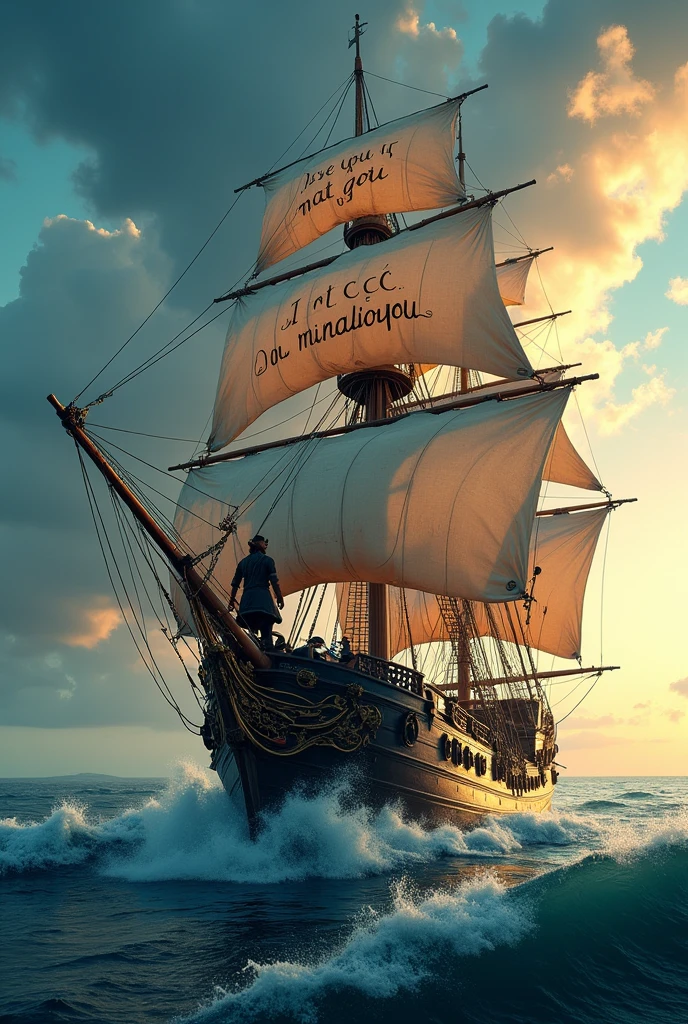 Generate an image of the Pirates of the Caribbean, that they are on a boat and that on its sail, say "I love you Cin", and on another candle have the letters "C Y C", and that on the tip of the ship is the main character of the movie "Pirates of the Caribbean"