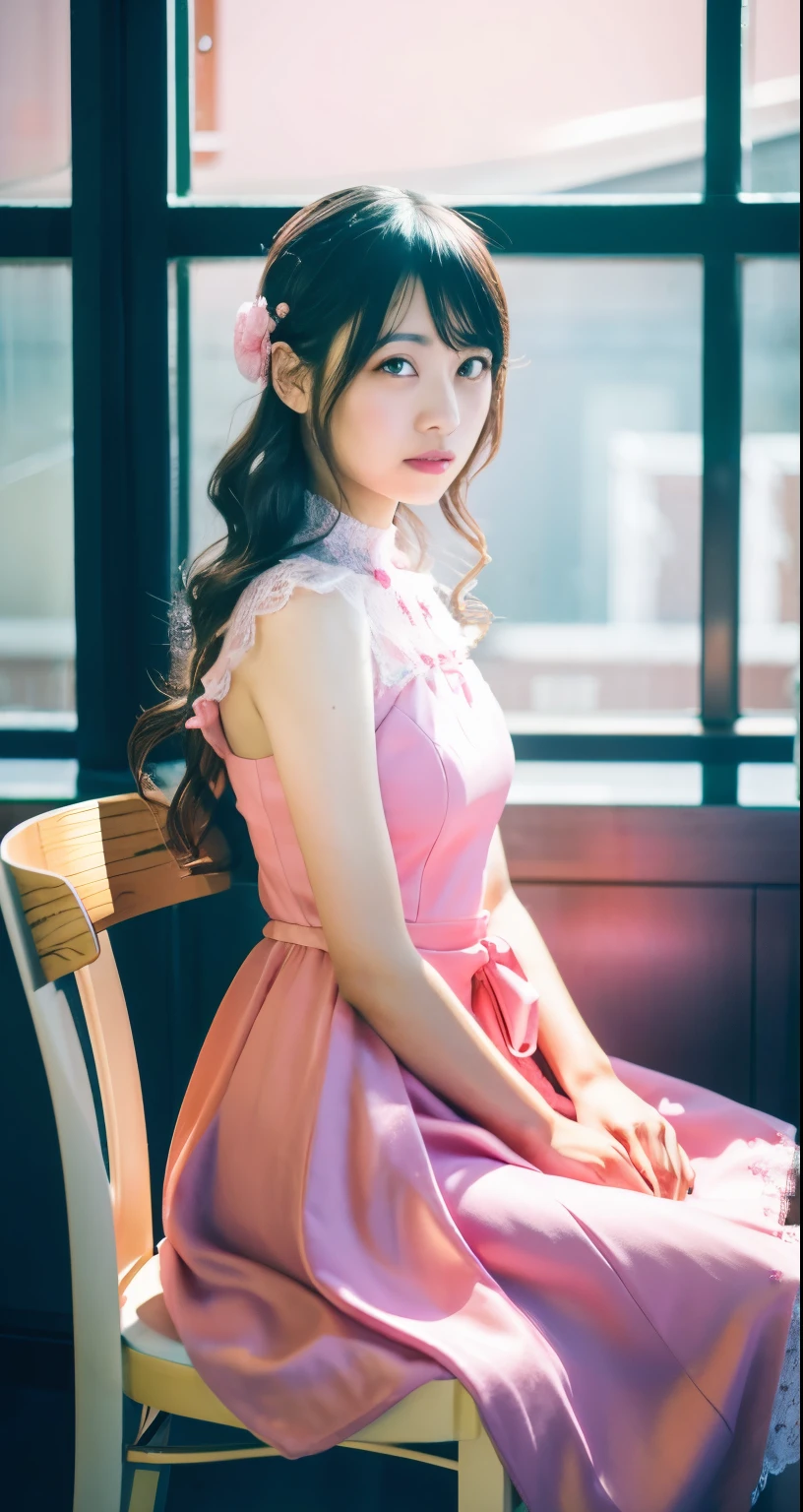 there is a woman sitting on a chair in a pink dress, Chiho, Yoshitomo Nara, harumi, Yasumoto Oka, yuuka kazami, shiori teshirogi, sakimichan hdri, ayami kojima amano, yukii morita, sakimichan, shikamimi