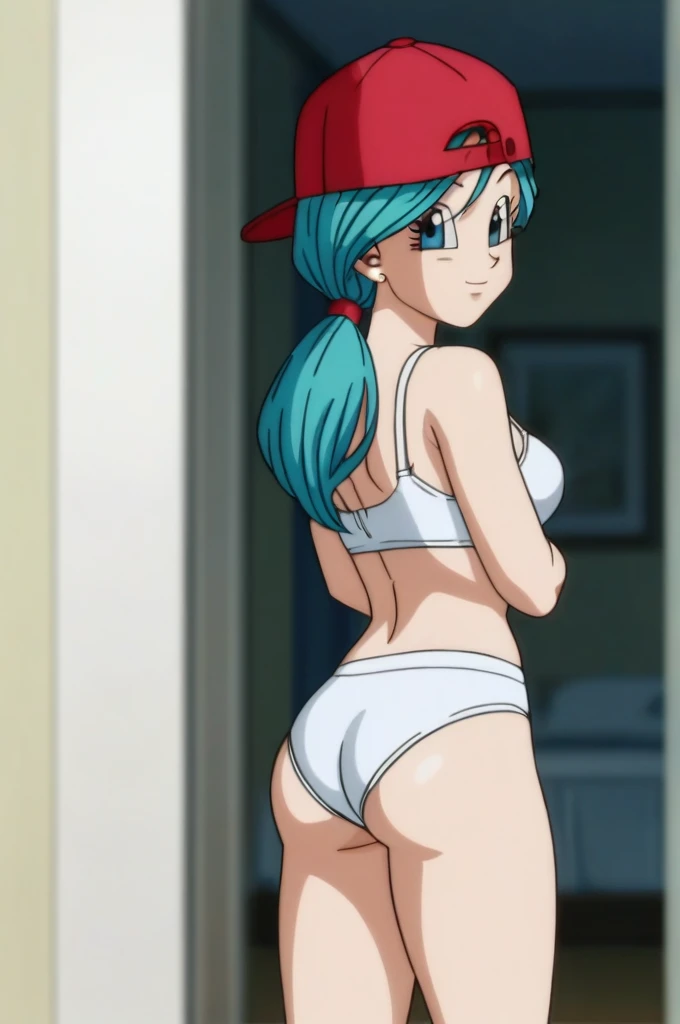 source_anime, score_9, score_8_up, score_7_up, anime screencap,8k, absurd res, 
bulma, 1girl, solo, long hair, hat, ponytail, red headwear, from behind, blurry, aqua hair, blurry background, looking back, mouth marking, blue eyes, 
Underwear, sexy underwear, white panty, white bra,
 