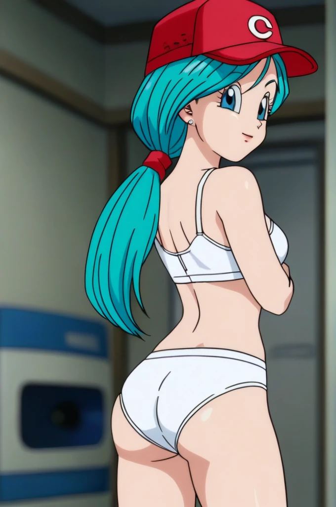 source_anime, score_9, score_8_up, score_7_up, anime screencap,8k, absurd res, 
bulma, 1girl, solo, long hair, hat, ponytail, red headwear, from behind, blurry, aqua hair, blurry background, looking back, mouth marking, blue eyes, 
Underwear, sexy underwear, white panty, white bra,
 